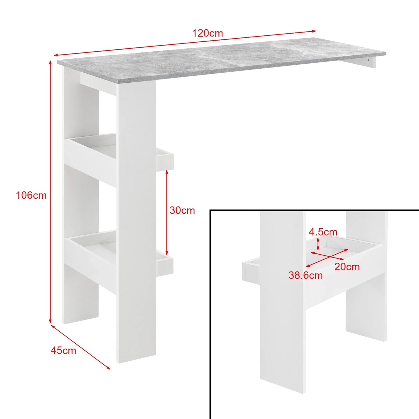 In And OutdoorMatch Bartafel Kaylee - Wandmontage - 120x45x106 cm - Wit en Betonlook - Spaanplaat - Modern Design Bar table