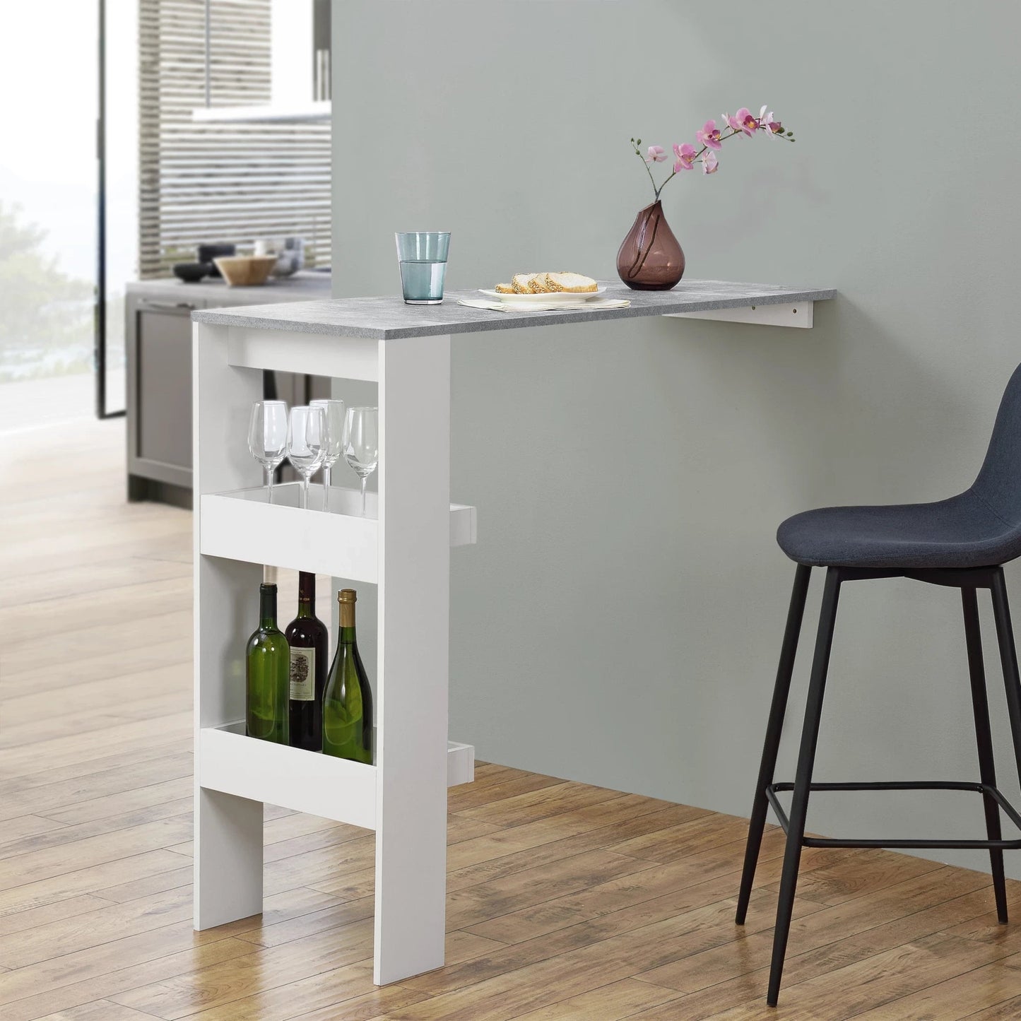 In And OutdoorMatch Bartafel Kaylee - Wandmontage - 120x45x106 cm - Wit en Betonlook - Spaanplaat - Modern Design Bar table