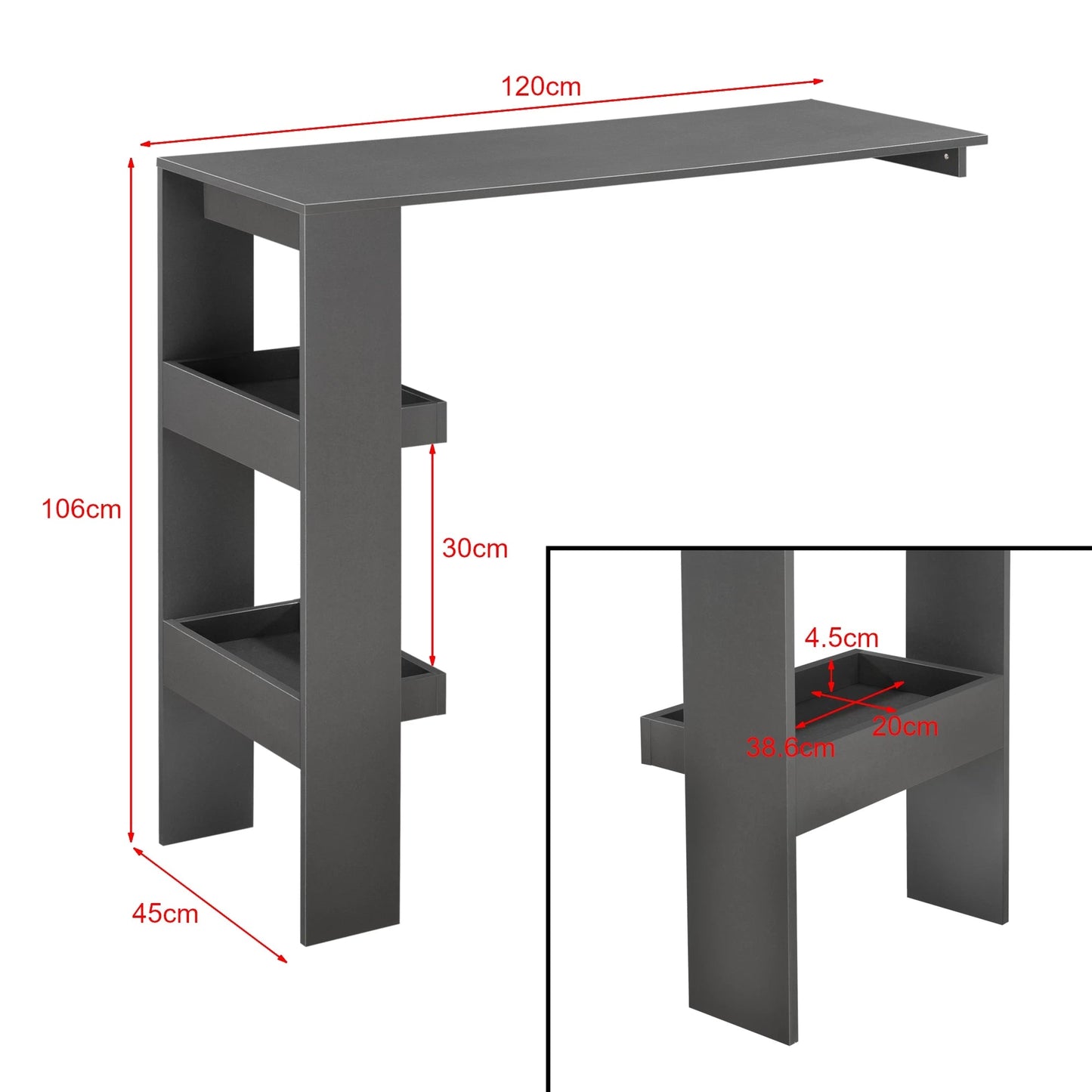 In And OutdoorMatch Bartafel Leopoldo - Wandmontage - 120x45x106 cm - Donkergrijs - Spaanplaat - Stijlvol Design Bar table