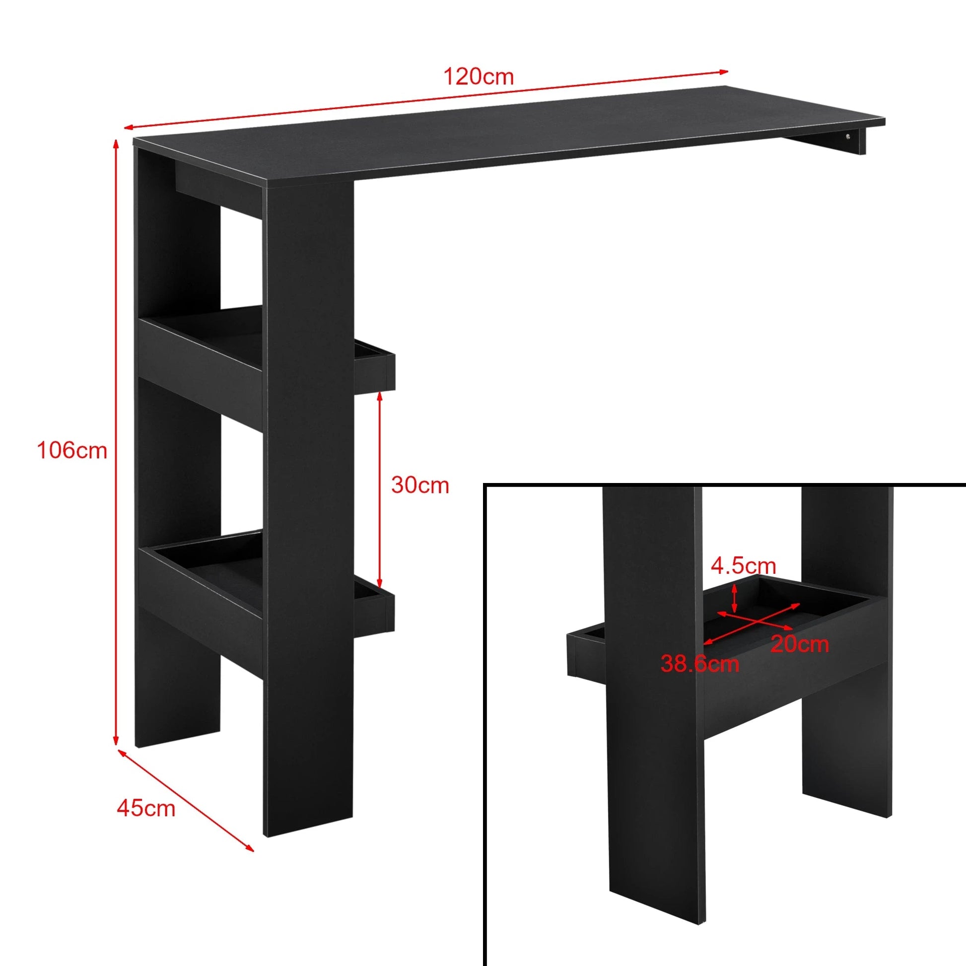 In And OutdoorMatch Bartafel Troy - Voor wandmontage - 120x45x106 cm - Zwart - Ruimtebesparend ontwerp Bar table