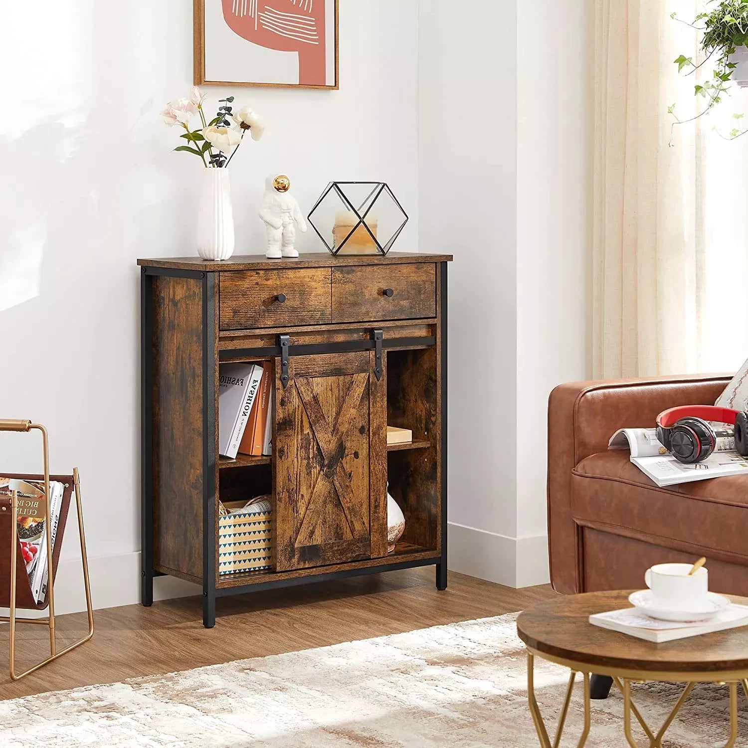 In And OutdoorMatch Bijzetkast Ryley - Dressoir met Planken en Lade - Keukenkast - Ladekast - Met Schuifdeuren - Landhuisstijl - Industrieel Design - Vintage Bruin/Zwart Kast