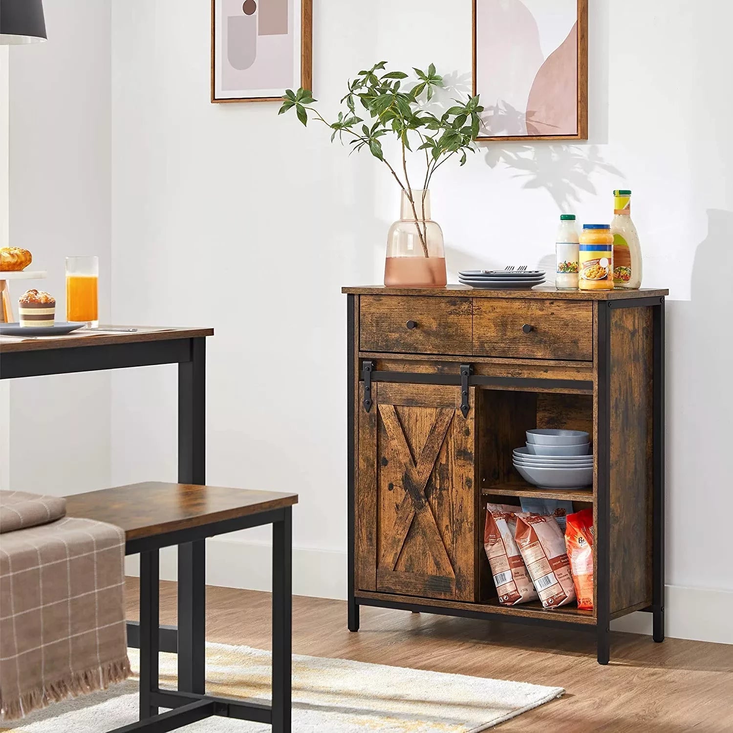 In And OutdoorMatch Bijzetkast Ryley - Dressoir met Planken en Lade - Keukenkast - Ladekast - Met Schuifdeuren - Landhuisstijl - Industrieel Design - Vintage Bruin/Zwart Kast