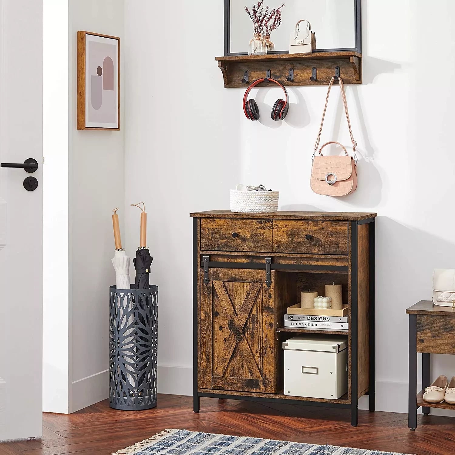 In And OutdoorMatch Bijzetkast Ryley - Dressoir met Planken en Lade - Keukenkast - Ladekast - Met Schuifdeuren - Landhuisstijl - Industrieel Design - Vintage Bruin/Zwart Kast