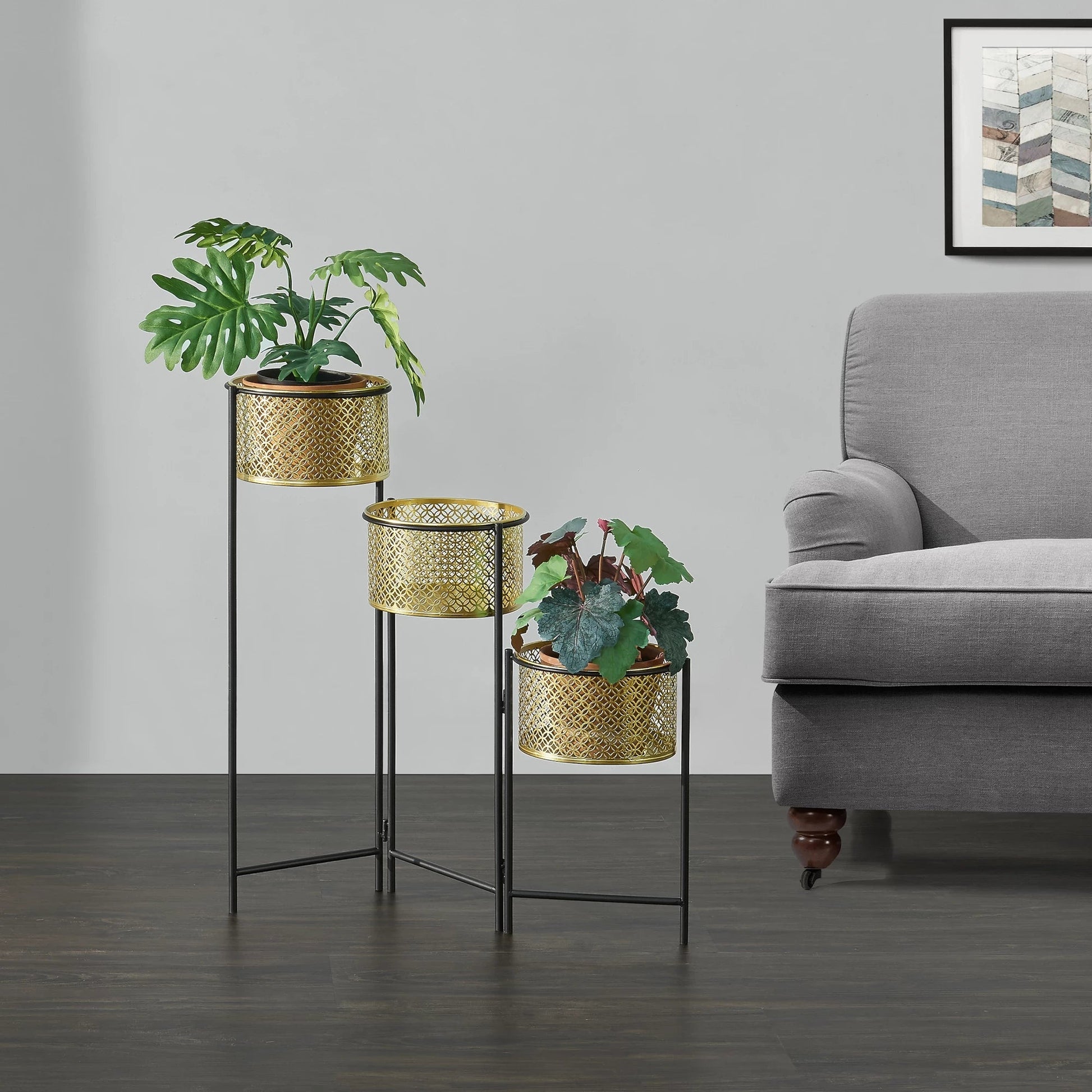 In And OutdoorMatch Bloempot Ariane - Op Standaard - 69x69x20 cm - Zwart en Messing - Metaal - 3 Bloempotten - Modern Design Flowerpot
