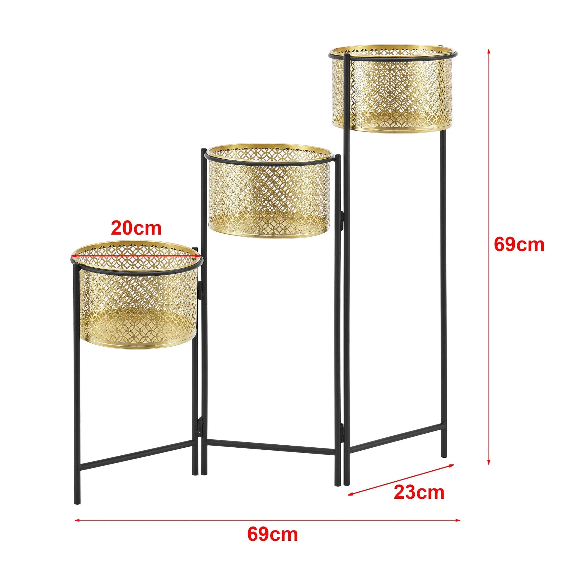 In And OutdoorMatch Bloempot Ariane - Op Standaard - 69x69x20 cm - Zwart en Messing - Metaal - 3 Bloempotten - Modern Design Flowerpot