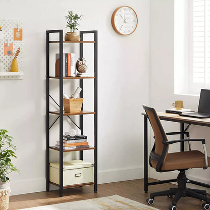 In And OutdoorMatch Boekenkast Charlene - Opbergrek - 5 Lagen - Open Planken - Kantoor - Woonkamer - Slaapkamer - 40x30x146cm - Vintage Bruin/Zwart storage rack