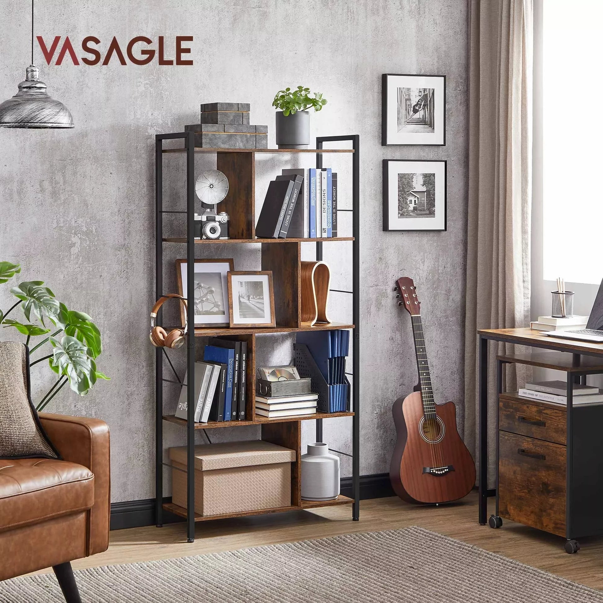 In And OutdoorMatch Boekenkast Sherman - 5 Tier Shelving Unit - Office Shelves - Open Shelves - Industrial Design - Living Room - Bedroom - Office - Study - Home - Office - Vintage Brown/Black Boekenkast