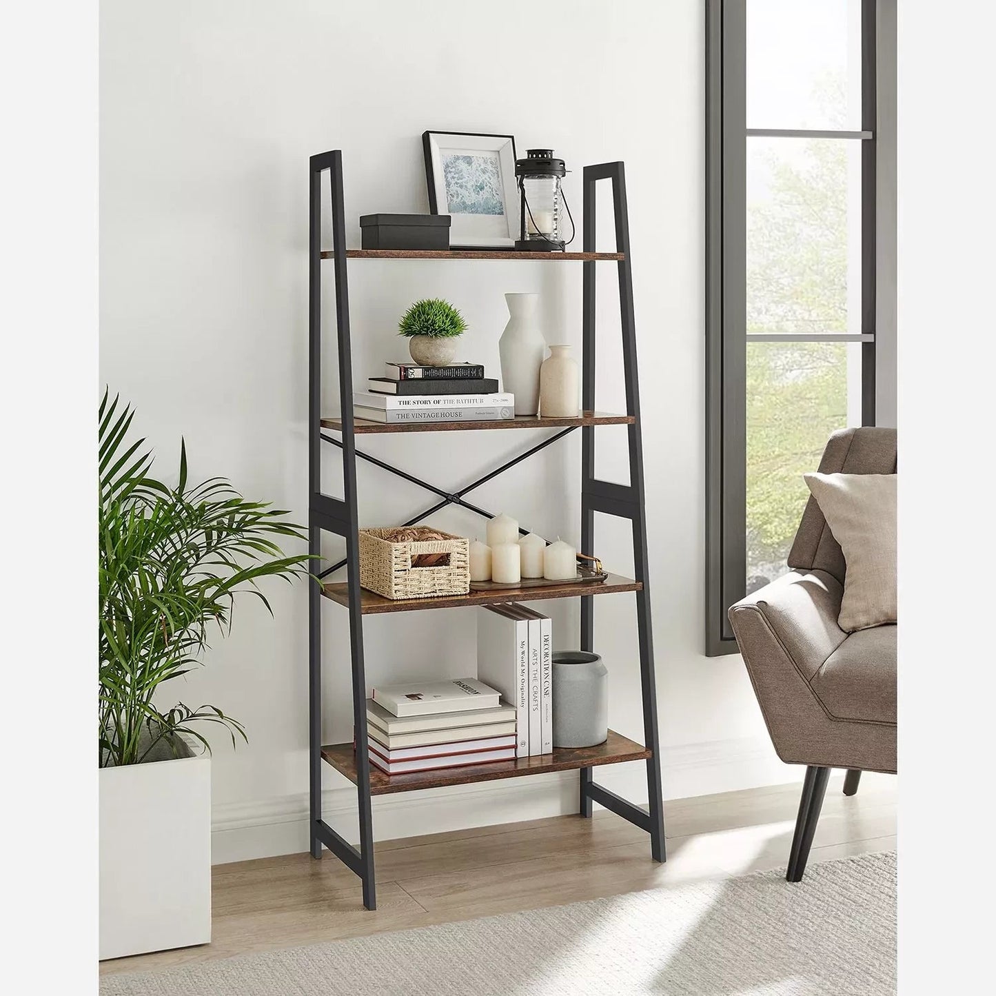 In And OutdoorMatch Boekenkast Tony- Ladderplank - 4 lagen - Staande plank - Bamboe - Vintage - Bruin Zwart Boekenkast