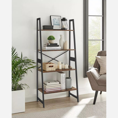 In And OutdoorMatch Boekenkast Tony- Ladderplank - 4 lagen - Staande plank - Bamboe - Vintage - Bruin Zwart Boekenkast
