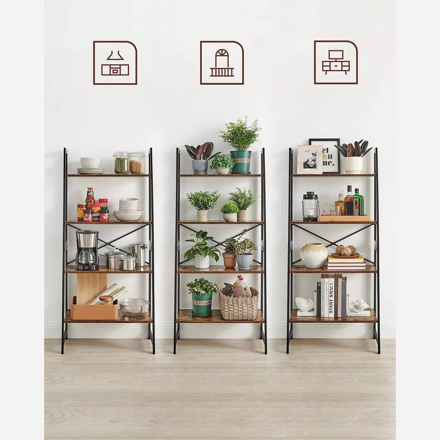 In And OutdoorMatch Boekenkast Tony- Ladderplank - 4 lagen - Staande plank - Bamboe - Vintage - Bruin Zwart Boekenkast