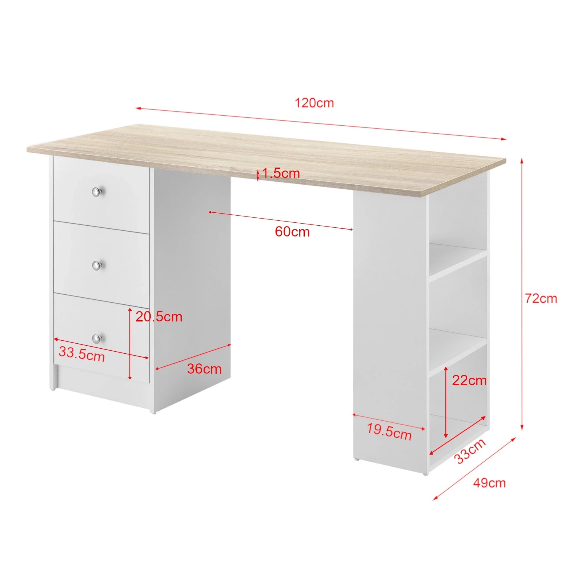 In And OutdoorMatch Bureau Claude - Met 3 Laden - 120x49x72 cm - Wit en Eikenkleurig - Spaanplaat - Stijlvol design Desk
