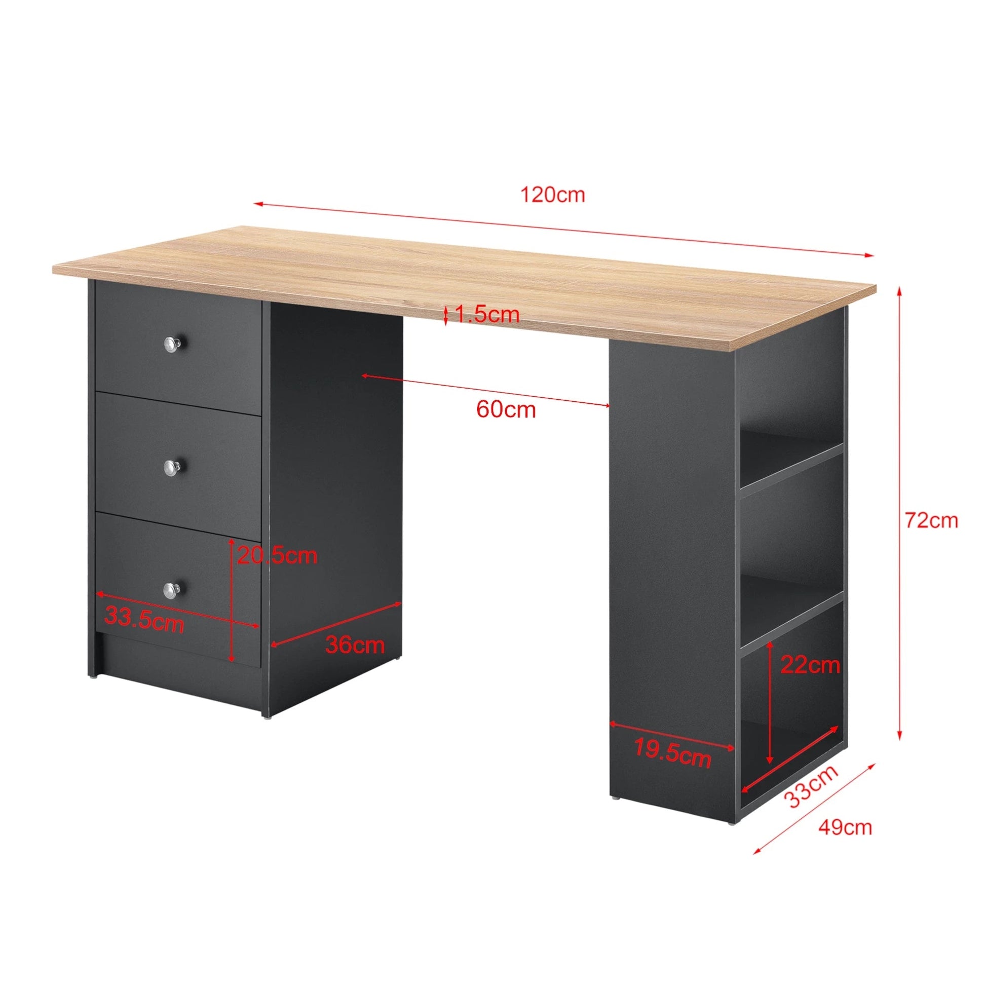 In And OutdoorMatch Bureau Genoveva - Met 3 Laden - 120x49x72 cm - Donkergrijs en Houtkleurig - Spaanplaat - Stijlvol design Desk