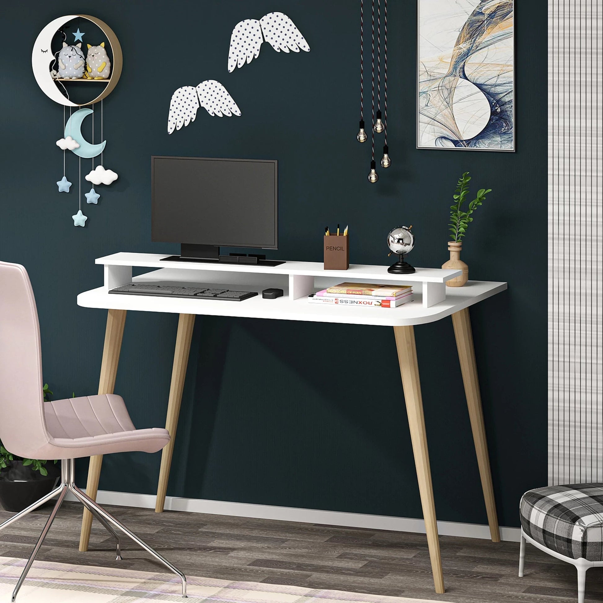 In And OutdoorMatch Bureau Serena - Met Monitorverhoger - Wit en Houtkleurig - 2 Open Compartimenten Desk