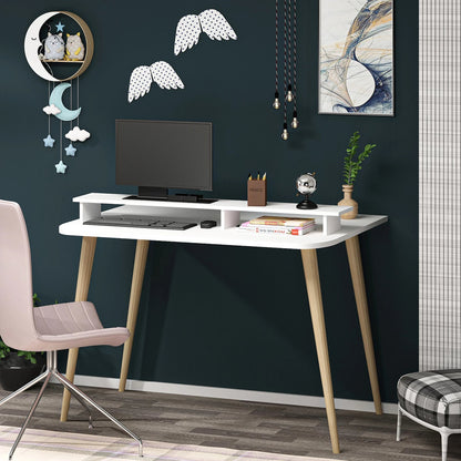 In And OutdoorMatch Bureau Serena - Met Monitorverhoger - Wit en Houtkleurig - 2 Open Compartimenten Desk