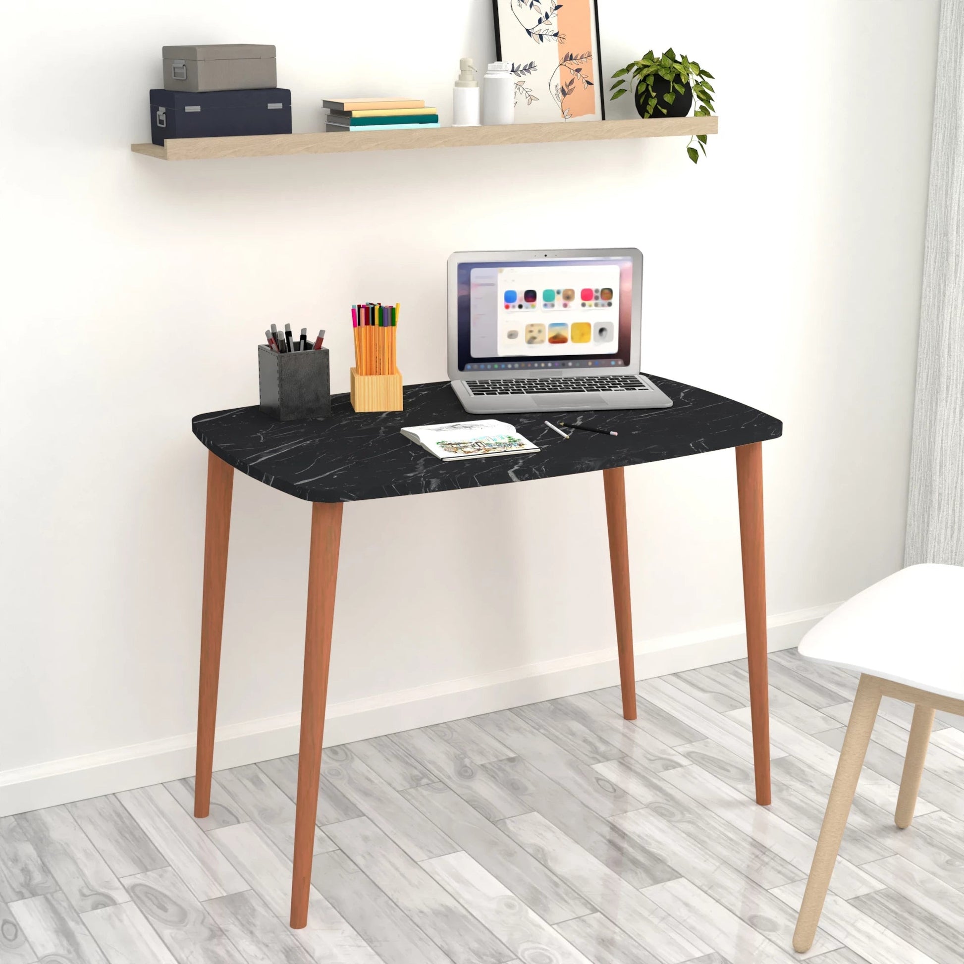 In And OutdoorMatch Bureau Zeno - Laptoptafel - 70x90x60 cm - Marmer Zwart en Houtkleurig - Spaanplaat en Beukenhout - Stijlvol Design Desk
