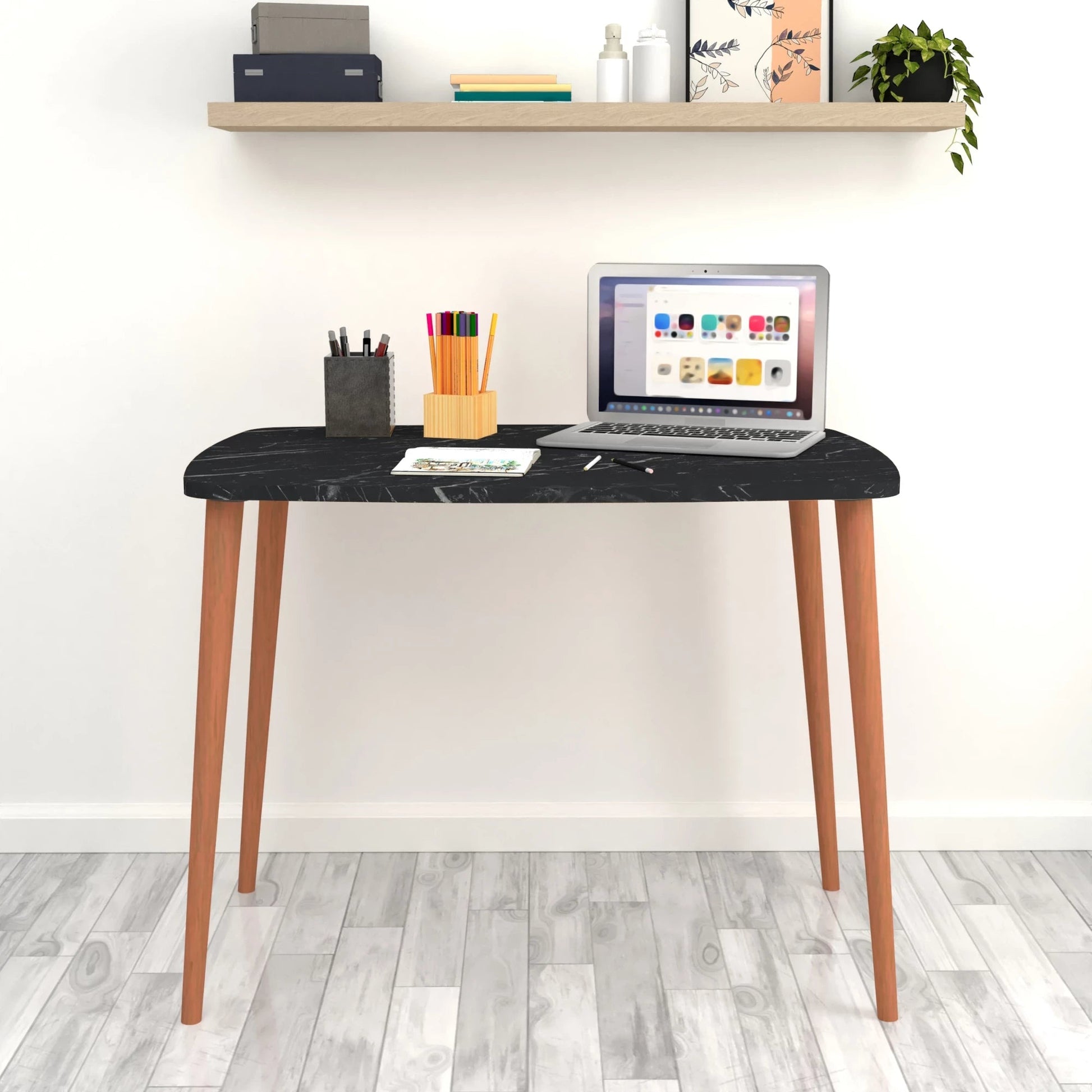 In And OutdoorMatch Bureau Zeno - Laptoptafel - 70x90x60 cm - Marmer Zwart en Houtkleurig - Spaanplaat en Beukenhout - Stijlvol Design Desk