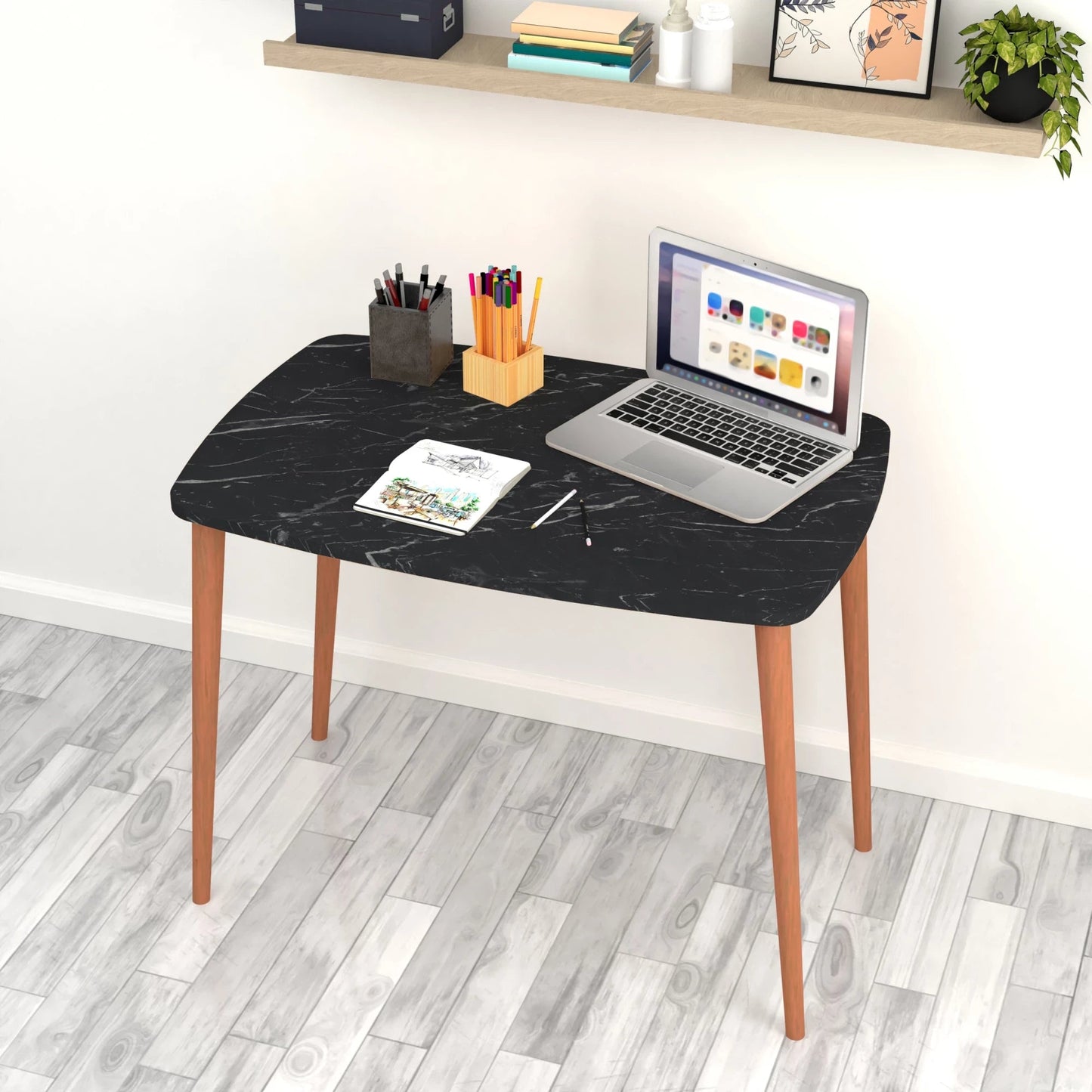 In And OutdoorMatch Bureau Zeno - Laptoptafel - 70x90x60 cm - Marmer Zwart en Houtkleurig - Spaanplaat en Beukenhout - Stijlvol Design Desk