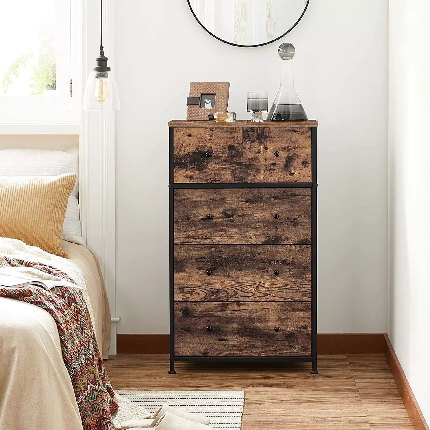 In And OutdoorMatch Commode Maud - Opbergkast - Stoffen Lades - met MDF Front - Industrieel Design - Hal - Woonkamer - Vintage Bruin/Zwart Kast