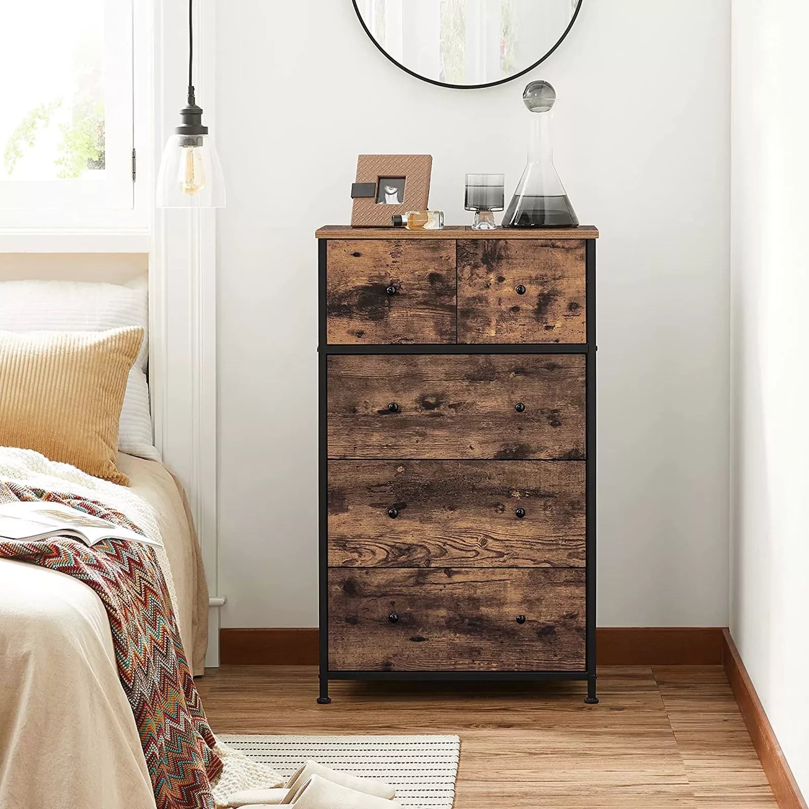 In And OutdoorMatch Commode Maud - Opbergkast - Stoffen Lades - met MDF Front - Industrieel Design - Hal - Woonkamer - Vintage Bruin/Zwart Kast