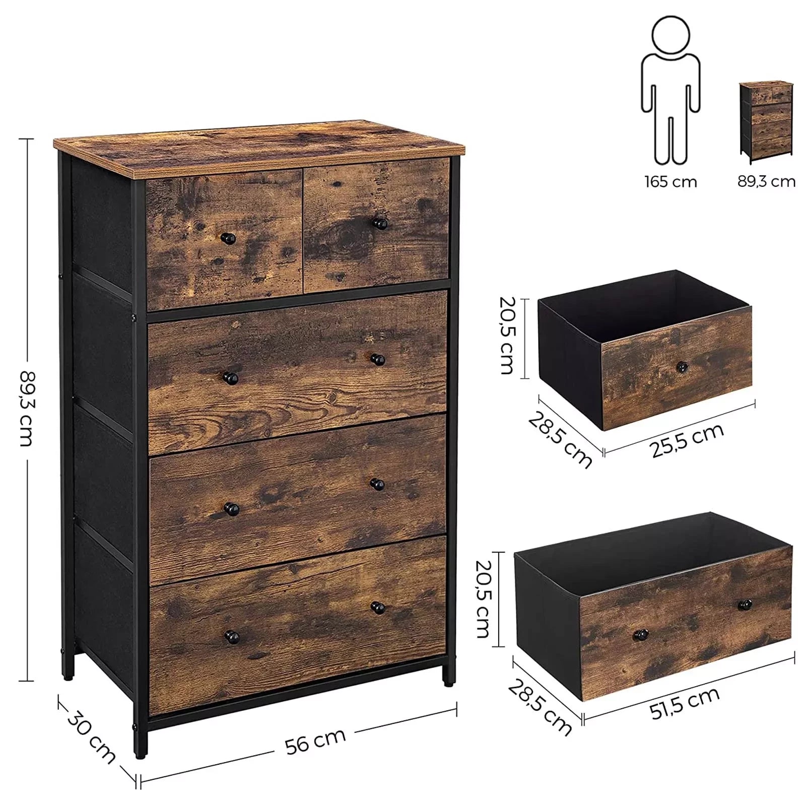 In And OutdoorMatch Commode Maud - Opbergkast - Stoffen Lades - met MDF Front - Industrieel Design - Hal - Woonkamer - Vintage Bruin/Zwart Kast