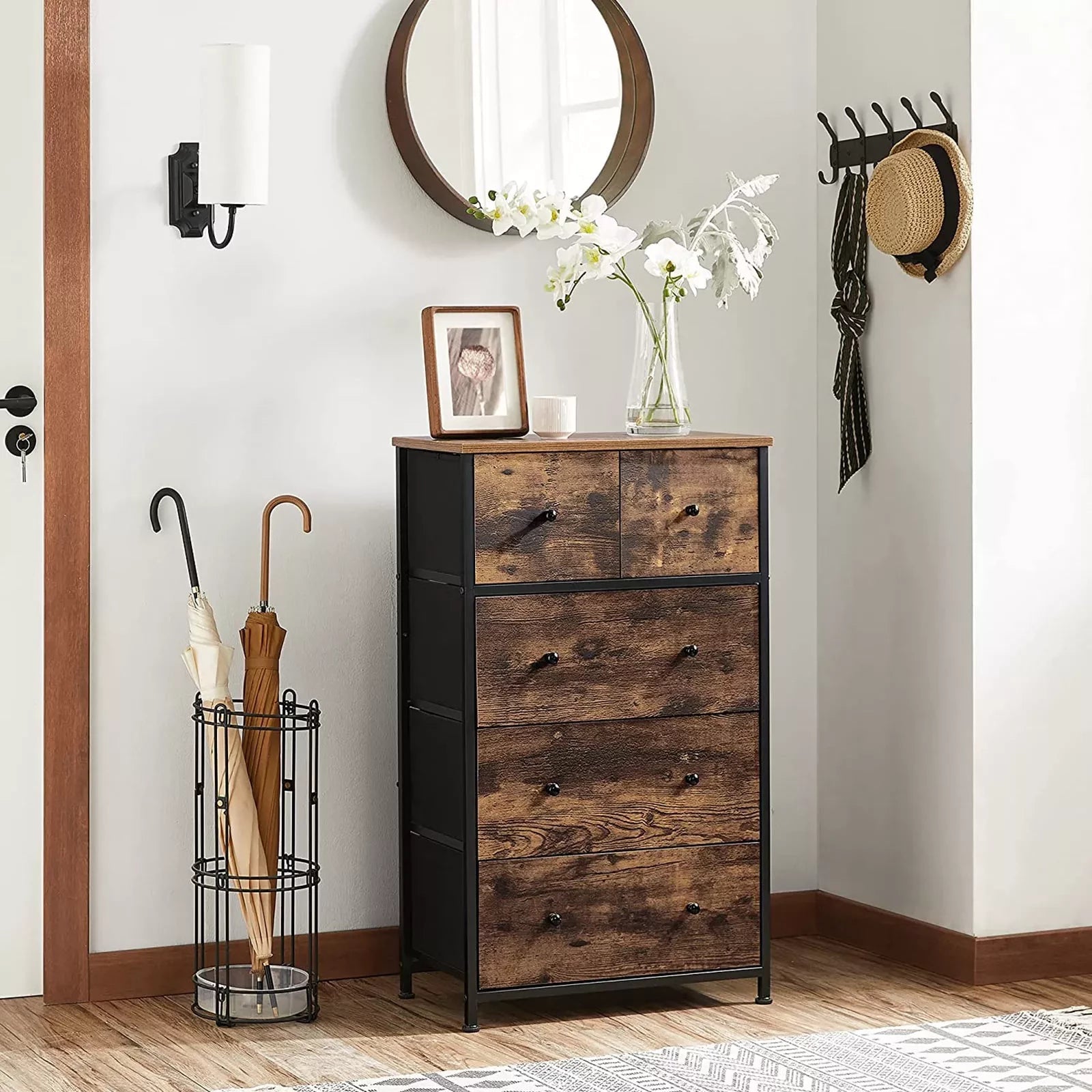 In And OutdoorMatch Commode Maud - Opbergkast - Stoffen Lades - met MDF Front - Industrieel Design - Hal - Woonkamer - Vintage Bruin/Zwart Kast