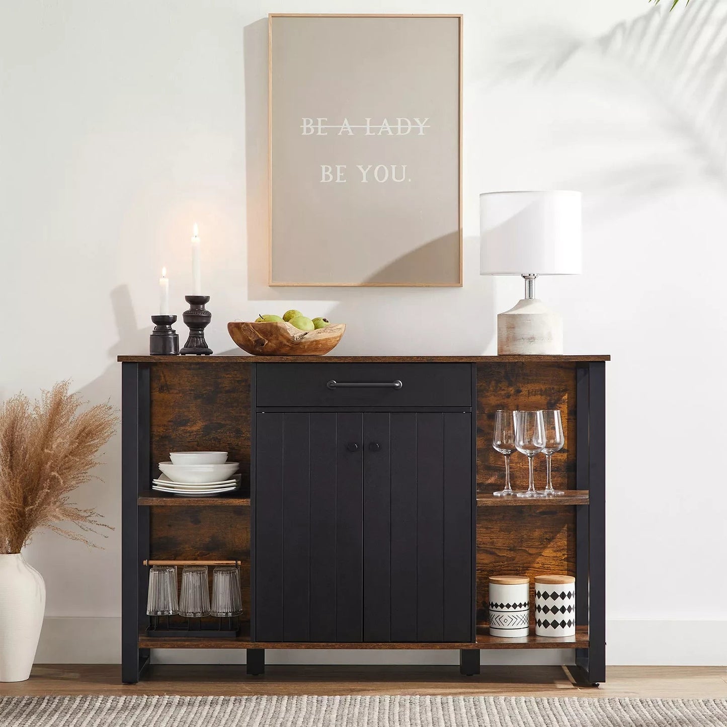 In And OutdoorMatch Dressoir Bethany - Keuken - Kast met Lade - Bijzetkast - Met Deurtjes - Multifunctionele Kast - Metalen Frame - Voor Woonkamer - Eetkamer - Hal - Vintage Bruin/Zwart Kast