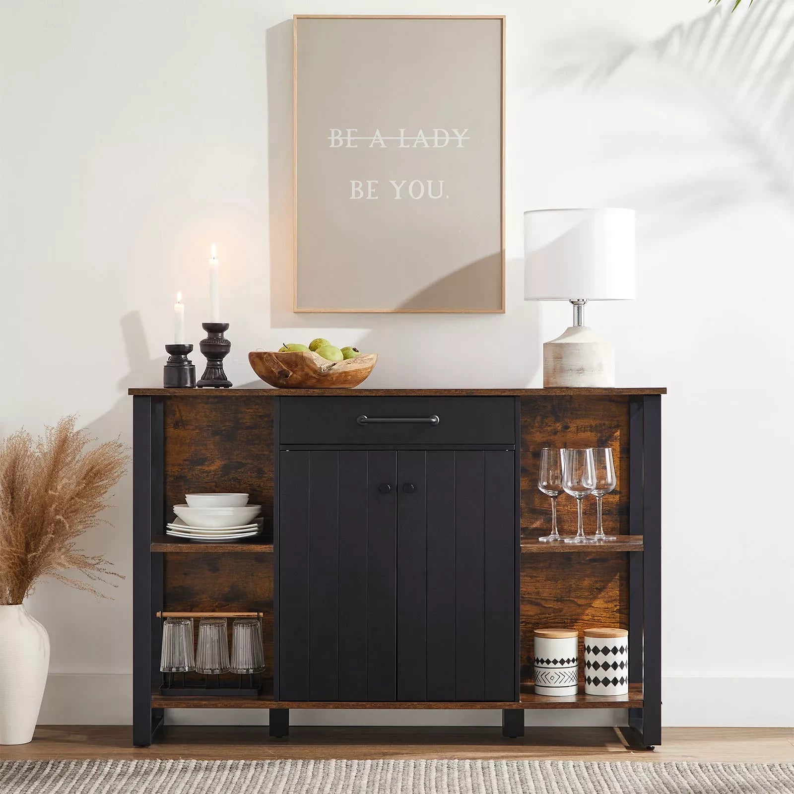 In And OutdoorMatch Dressoir Bethany - Keuken - Kast met Lade - Bijzetkast - Met Deurtjes - Multifunctionele Kast - Metalen Frame - Voor Woonkamer - Eetkamer - Hal - Vintage Bruin/Zwart Kast