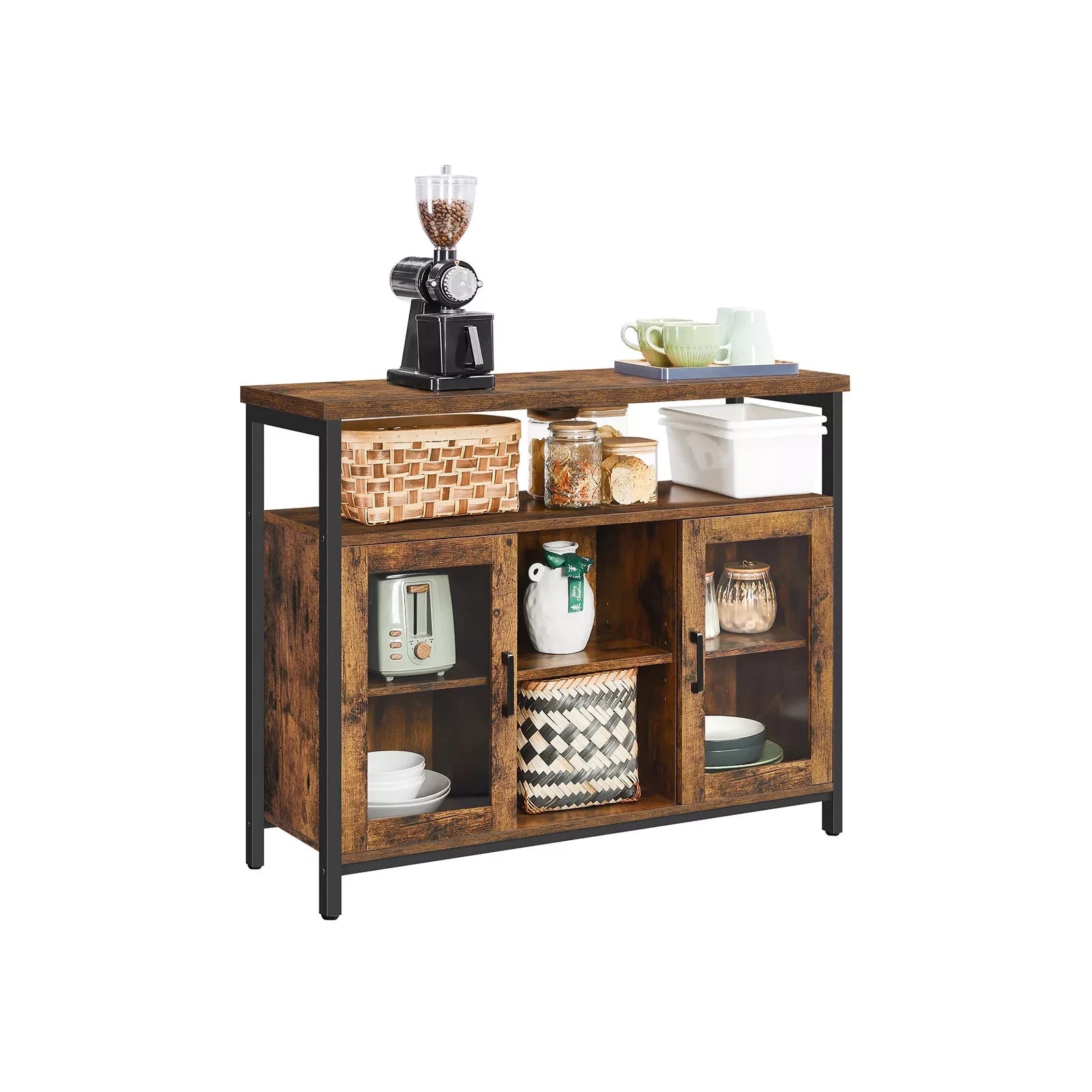 In And OutdoorMatch Dressoir Keukenkast Clyde - Opbergkast - met 2 Helder Glazen Deuren - Verstelbare Planken - 100x35x80cm - Industriële Stijl - Vintage Bruin/Zwart Kast