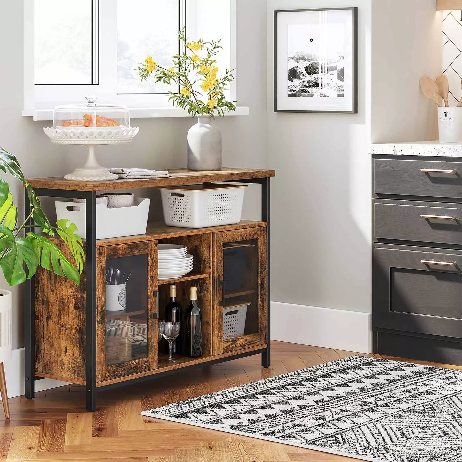 In And OutdoorMatch Dressoir Keukenkast Clyde - Opbergkast - met 2 Helder Glazen Deuren - Verstelbare Planken - 100x35x80cm - Industriële Stijl - Vintage Bruin/Zwart Kast