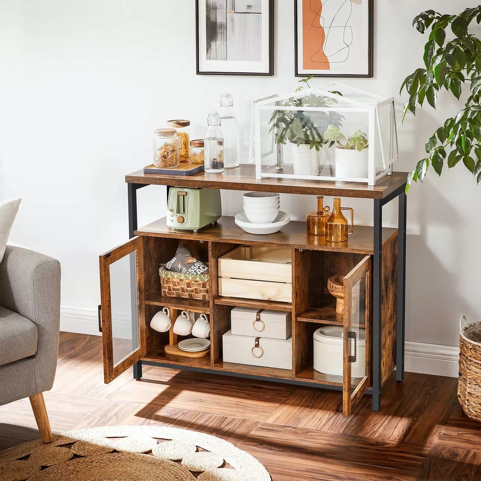 In And OutdoorMatch Dressoir Keukenkast Clyde - Opbergkast - met 2 Helder Glazen Deuren - Verstelbare Planken - 100x35x80cm - Industriële Stijl - Vintage Bruin/Zwart Kast
