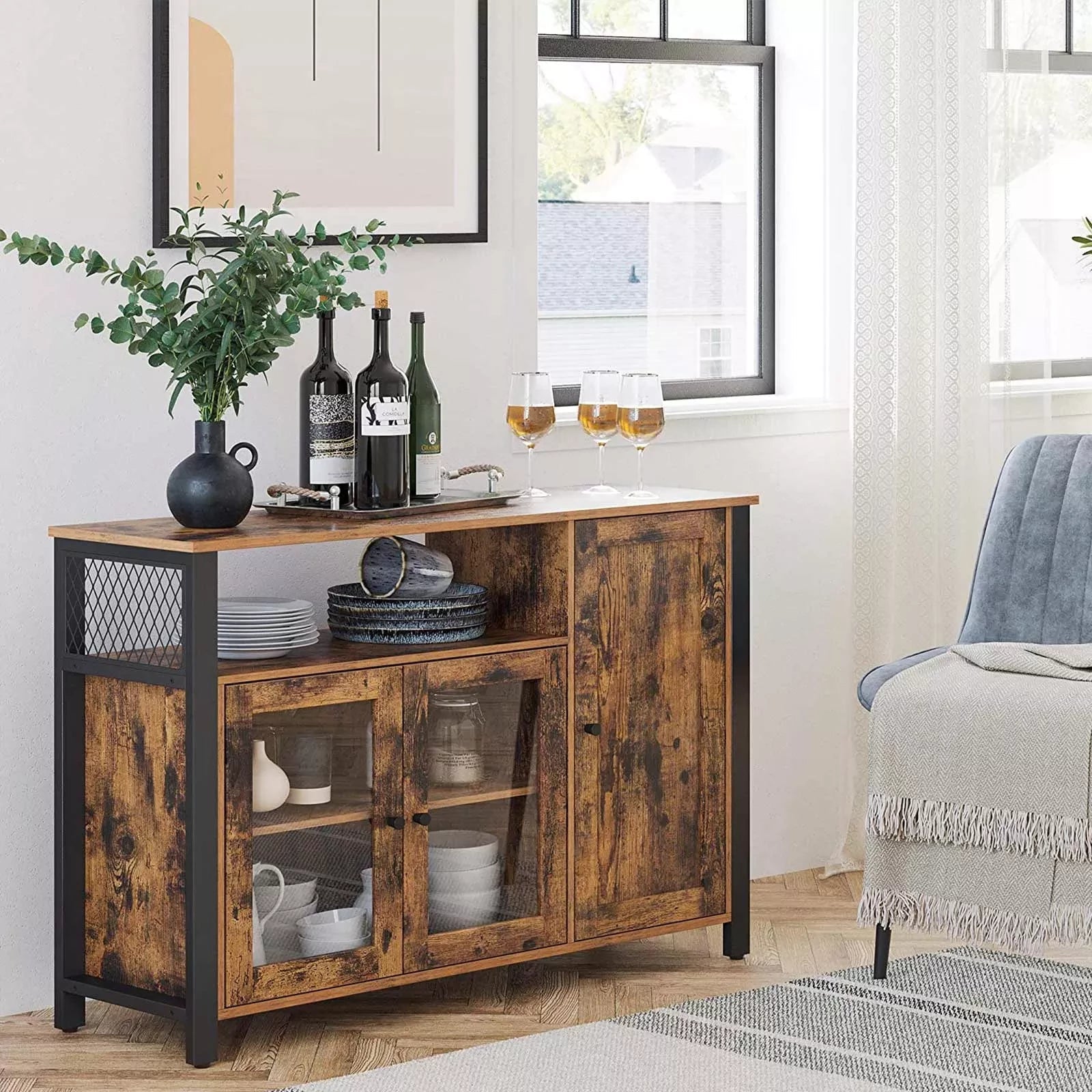 In And OutdoorMatch Dressoir Keukenkast Easter - Opbergkast - met 3 Deuren - 110x33x75cm - Industriële Stijl - Vintage Bruin Zwart Kast