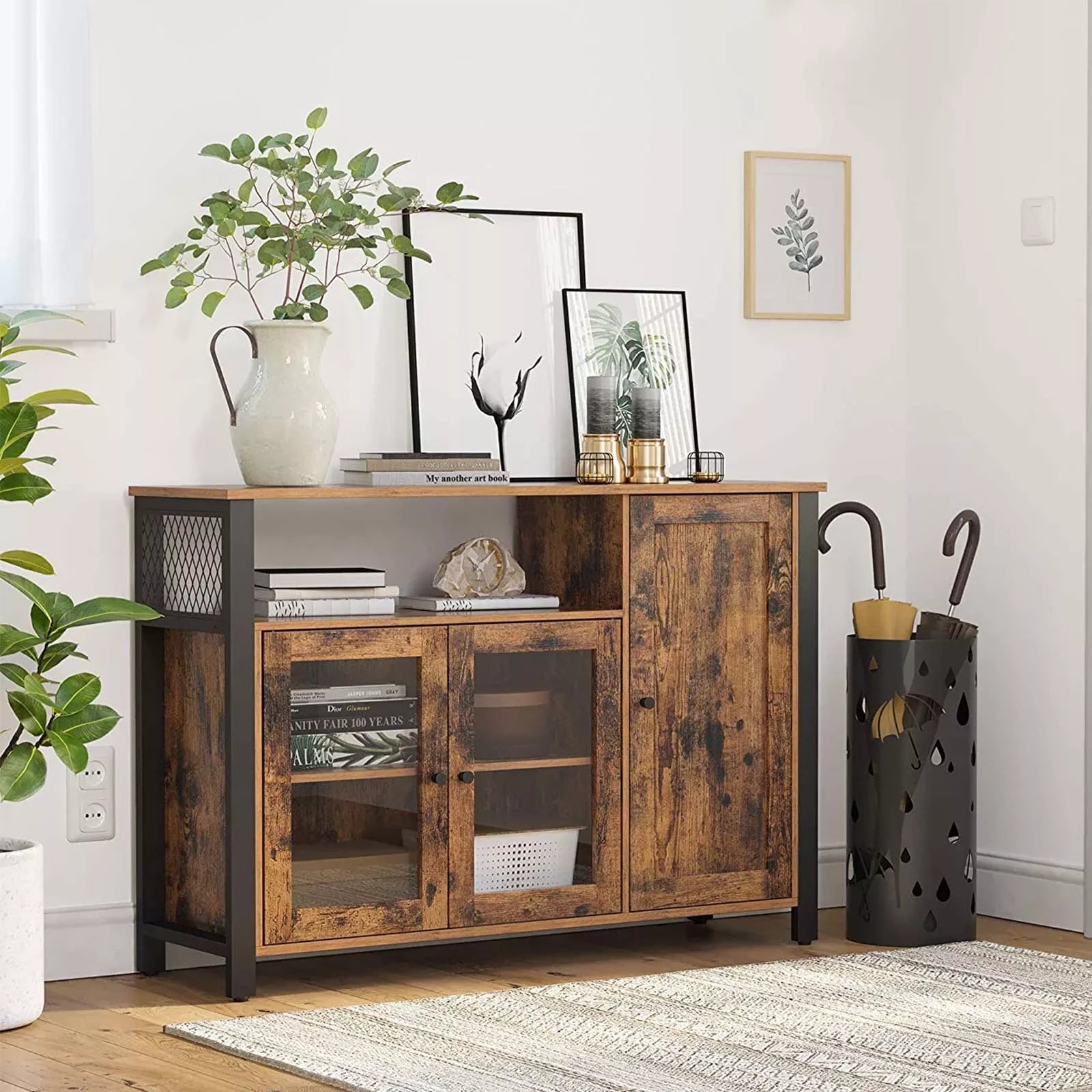 In And OutdoorMatch Dressoir Keukenkast Easter - Opbergkast - met 3 Deuren - 110x33x75cm - Industriële Stijl - Vintage Bruin Zwart Kast