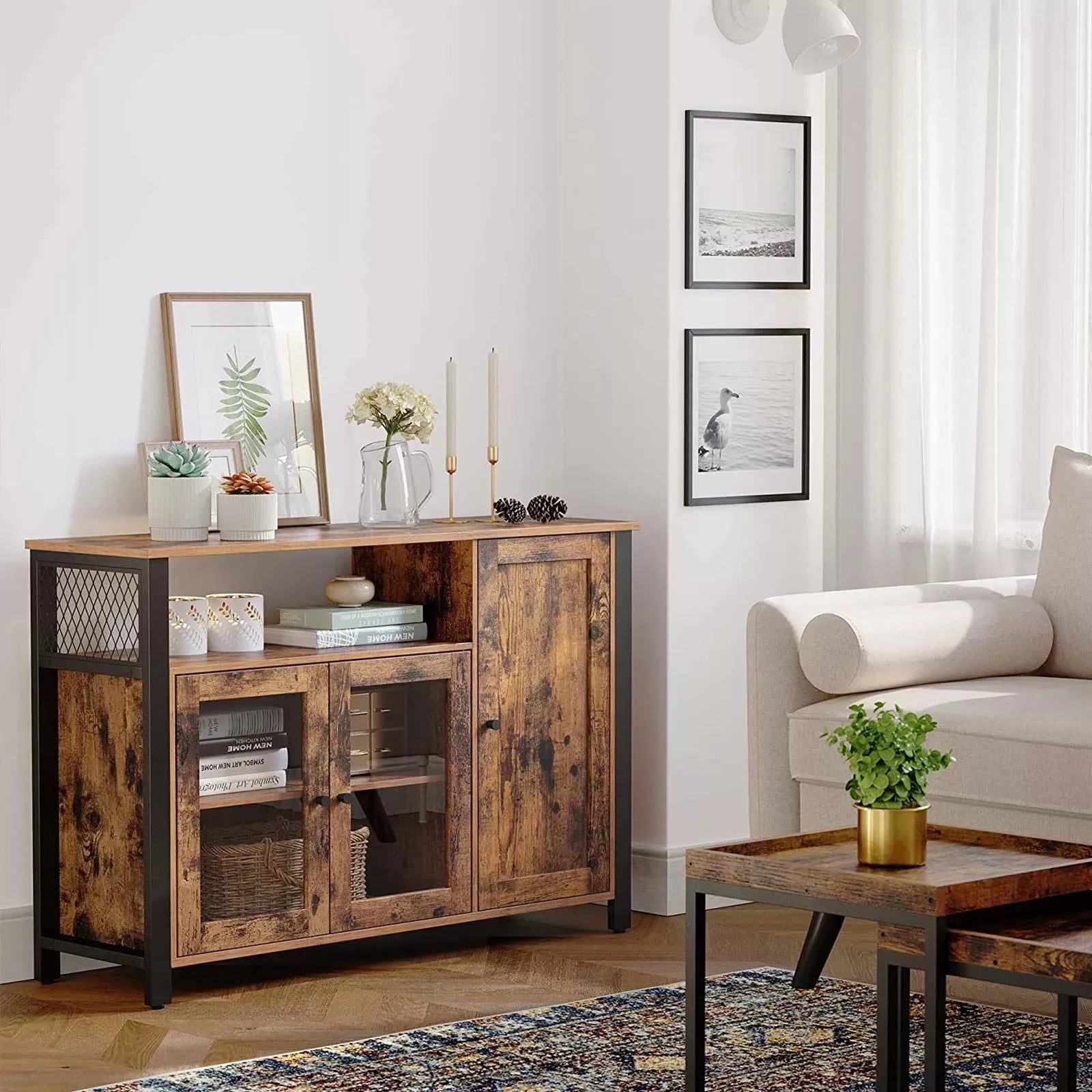 In And OutdoorMatch Dressoir Keukenkast Easter - Opbergkast - met 3 Deuren - 110x33x75cm - Industriële Stijl - Vintage Bruin Zwart Kast