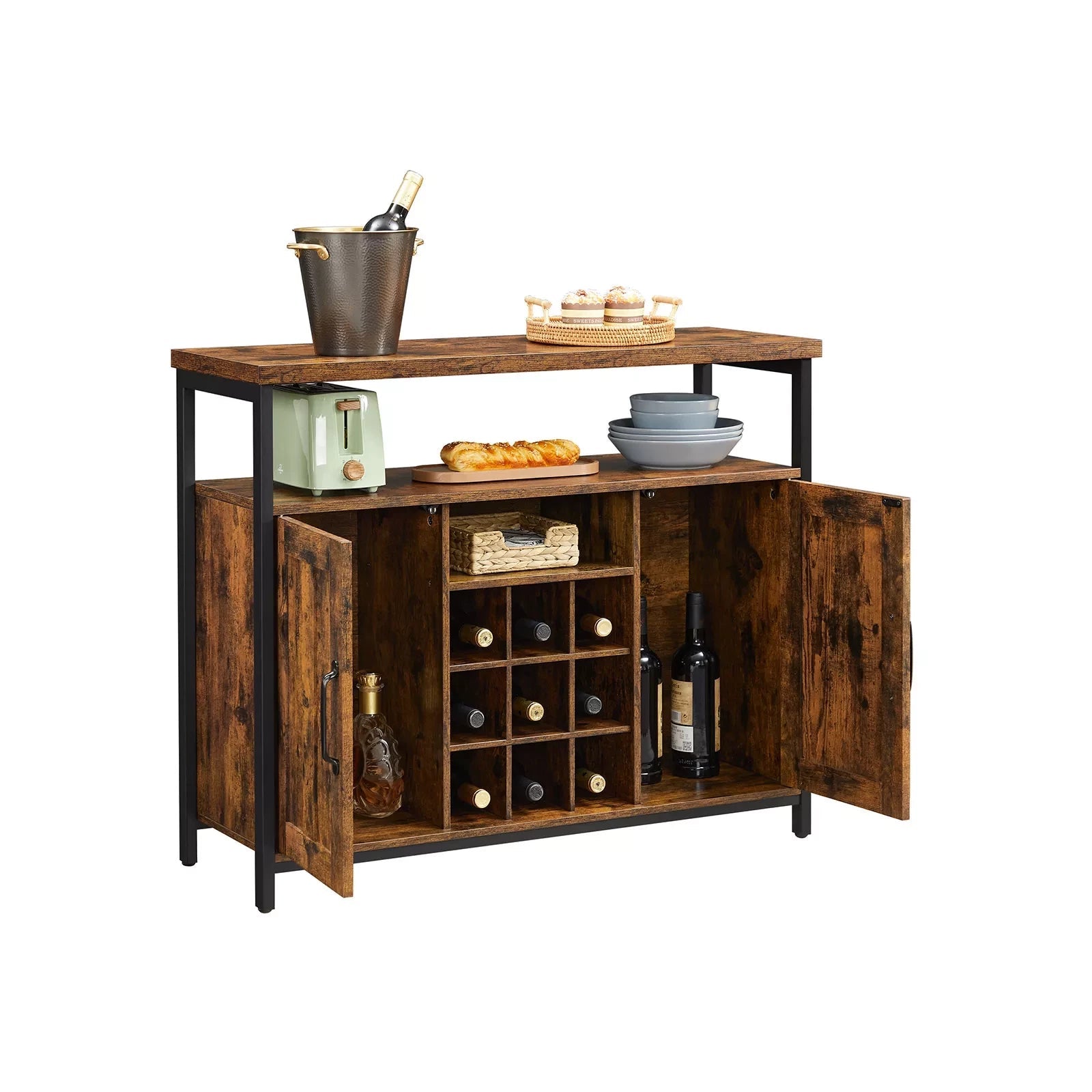In And OutdoorMatch Dressoir Keukenkast Esperanza - Opbergkast - Wijnkast - met 2 Deuren - 100x35x81.4cm - Industriële Stijl - Vintage Bruin/Zwart Kast