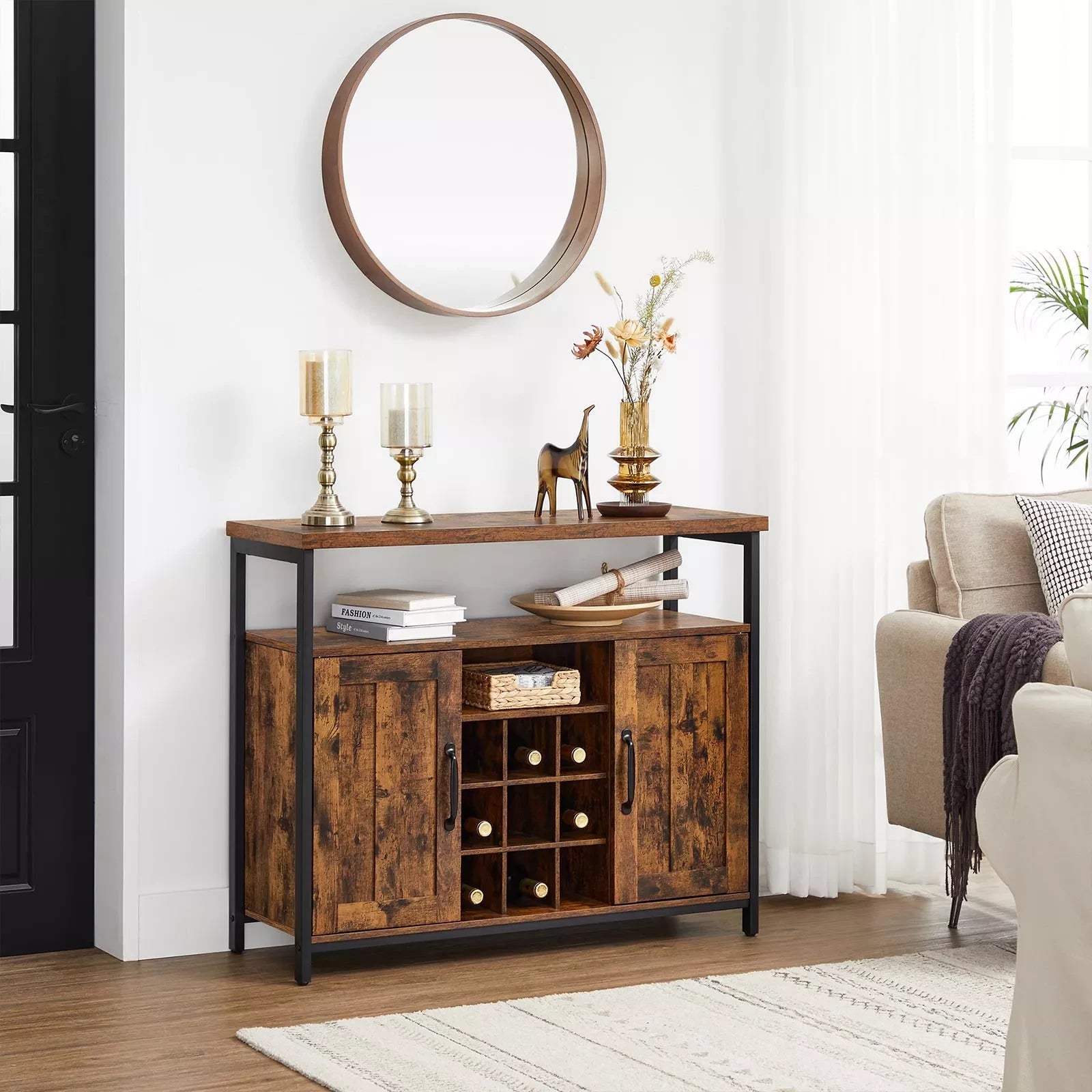 In And OutdoorMatch Dressoir Keukenkast Esperanza - Opbergkast - Wijnkast - met 2 Deuren - 100x35x81.4cm - Industriële Stijl - Vintage Bruin/Zwart Kast
