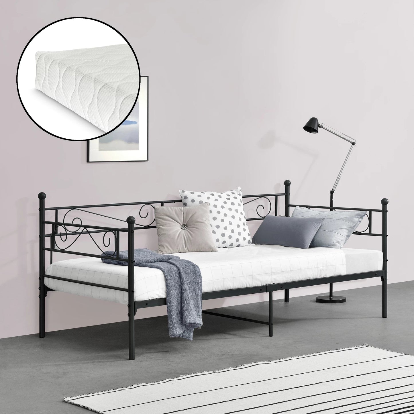 In And OutdoorMatch Eenpersoons Slaapbank Meri - Met Matras - 90x200 cm - Zwart - Vintage Design Eén persoon slapen