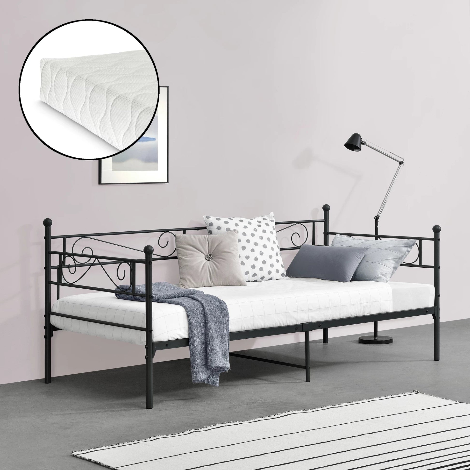 In And OutdoorMatch Eenpersoons Slaapbank Meri - Met Matras - 90x200 cm - Zwart - Vintage Design Eén persoon slapen