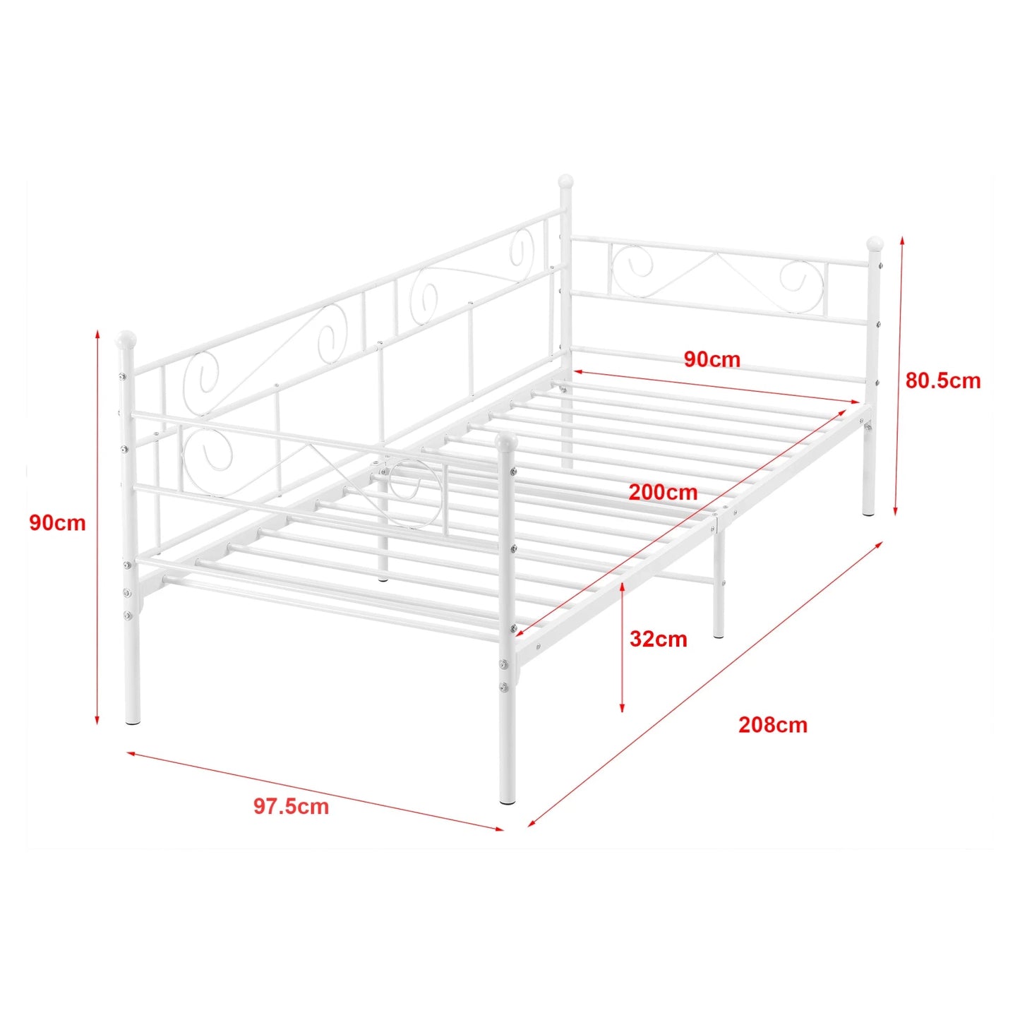 In And OutdoorMatch Eenpersoonsslaapbank Gigi - Met Matras - 90x200 cm - Wit - Vintage Design - Metalen bedframe Eén persoon slapen