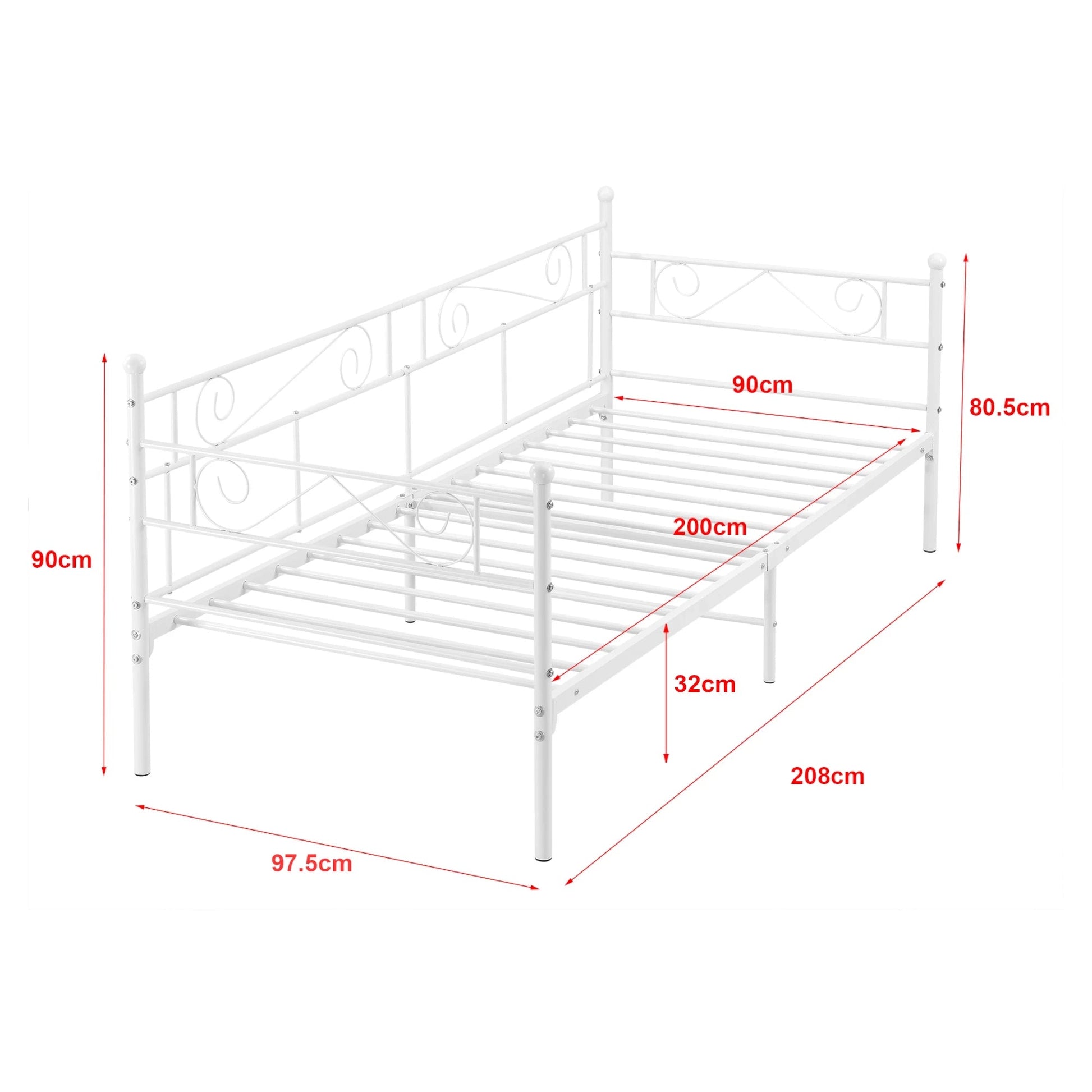 In And OutdoorMatch Eenpersoonsslaapbank Gigi - Met Matras - 90x200 cm - Wit - Vintage Design - Metalen bedframe Eén persoon slapen