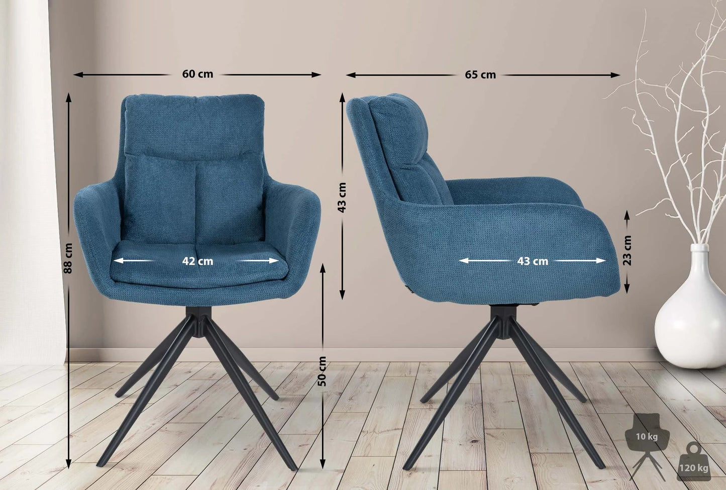 In And OutdoorMatch Eetkamerstoel Bruce - Blauw - Stof - Met Armleuning - Hoogwaardige Bekleding - Stijlvolle Eetkamerstoel - Deluxe Look Eetkamerstoel