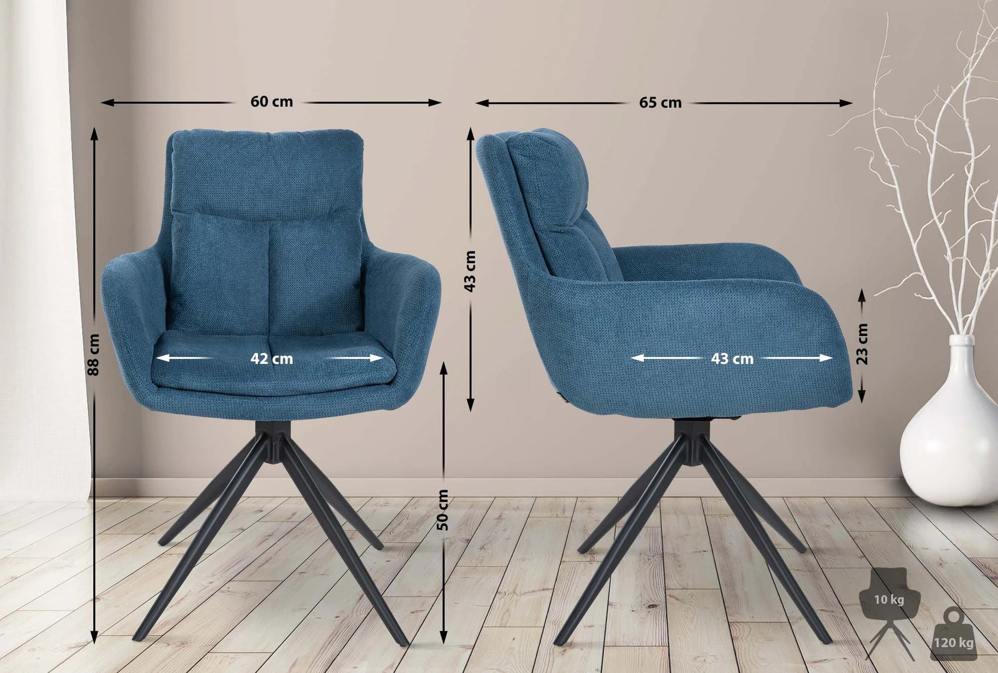 In And OutdoorMatch Eetkamerstoel Bruce - Blauw - Stof - Met Armleuning - Hoogwaardige Bekleding - Stijlvolle Eetkamerstoel - Deluxe Look Eetkamerstoel