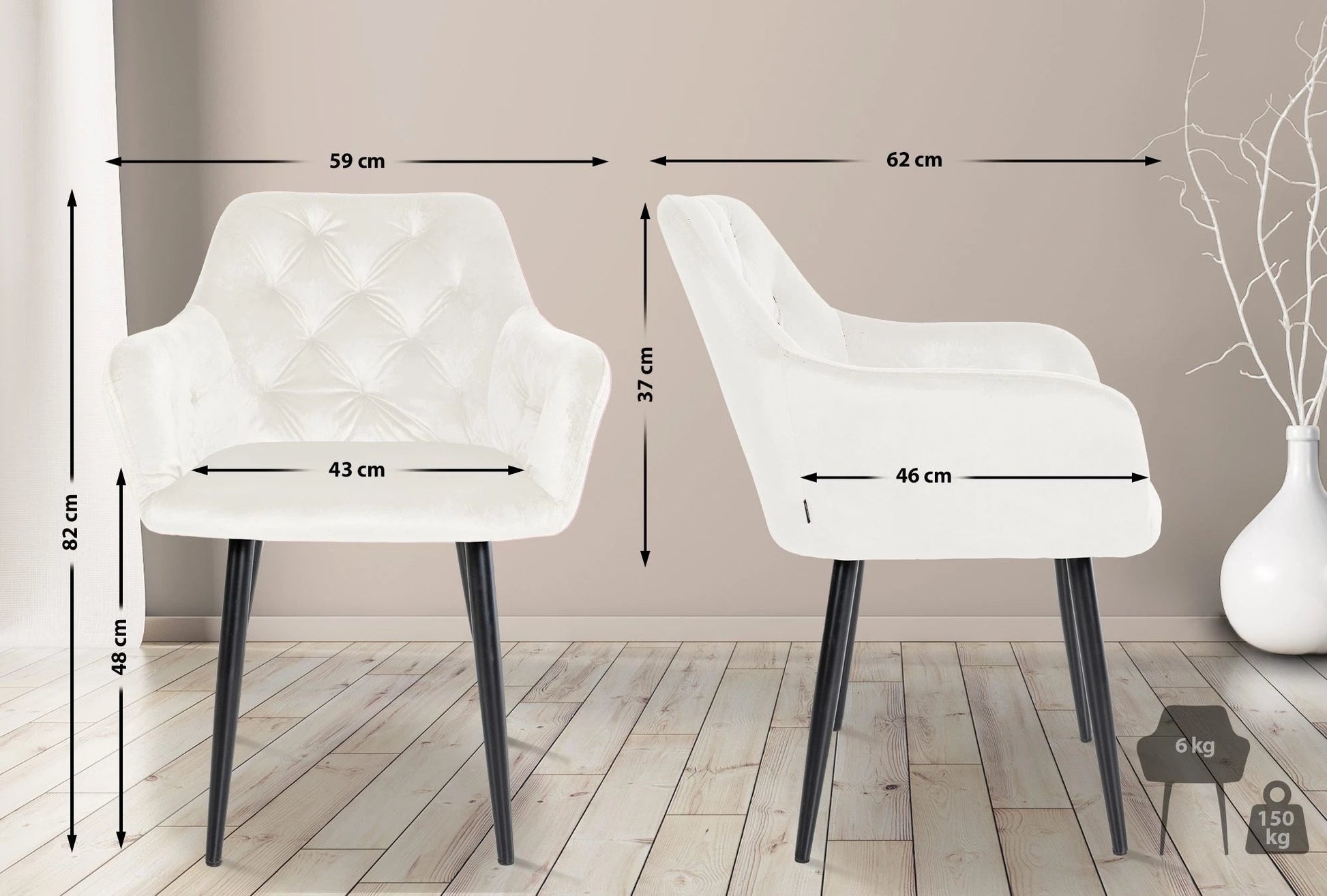 In And OutdoorMatch Eetkamerstoelen Madelynn - Wit - Set van 2 - Fluweel - Hoogwaardige bekleding - Stijlvolle eetkamerstoelen - Luxe uitstraling Eetkamerstoel