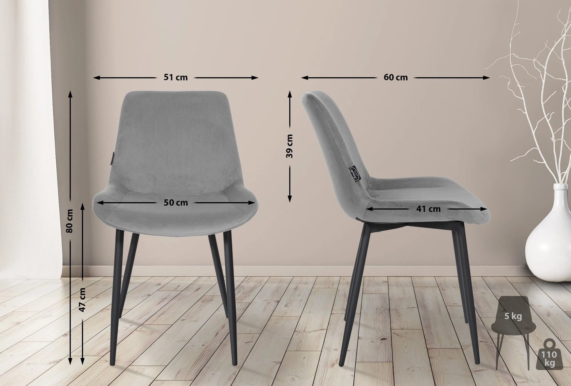 In And OutdoorMatch Eetkamerstoelen Zoe - Grijs - Set van 2 - Fluweel - Hoge kwaliteit bekleding - Stijlvolle eetkamerstoelen - Luxe uitstraling Eetkamerstoel