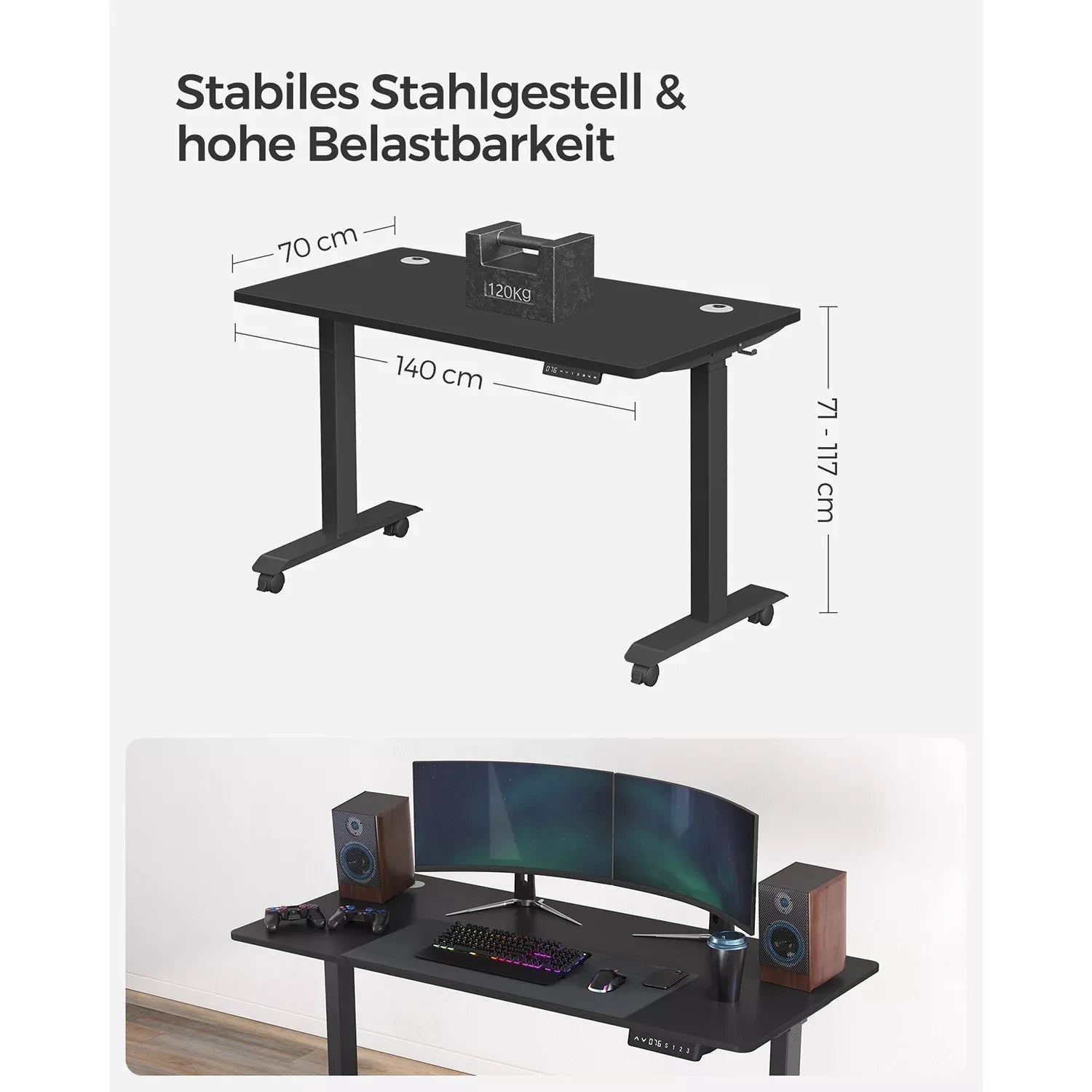 In And OutdoorMatch Elektrisch zit-sta bureau Nola - Geheugenfunctie met 4 hoogtes - Hoogte verstelbaar 71-117cm - Zwart - 120kg draagvermogen - 70x140cm Desk