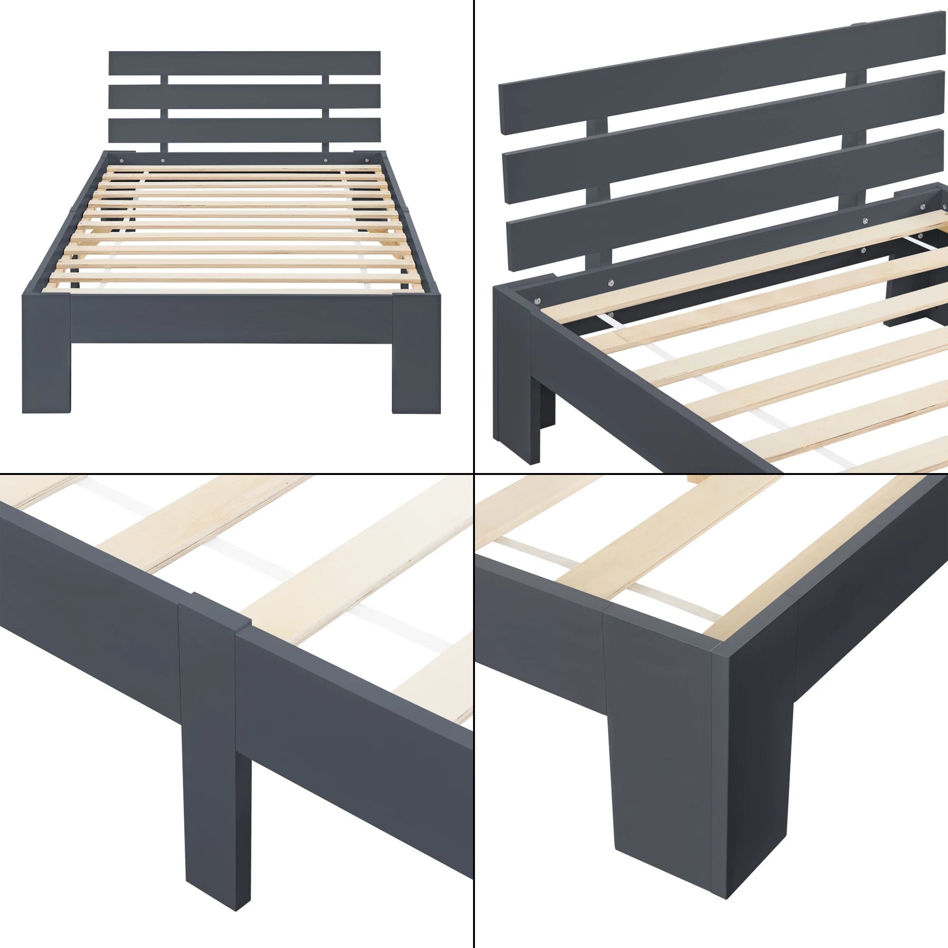 In And OutdoorMatch Houten Bed Audrey - Grenen - Met Bedbodem - 80x200 cm - Donkergrijs - Snelle montage bed twee personen