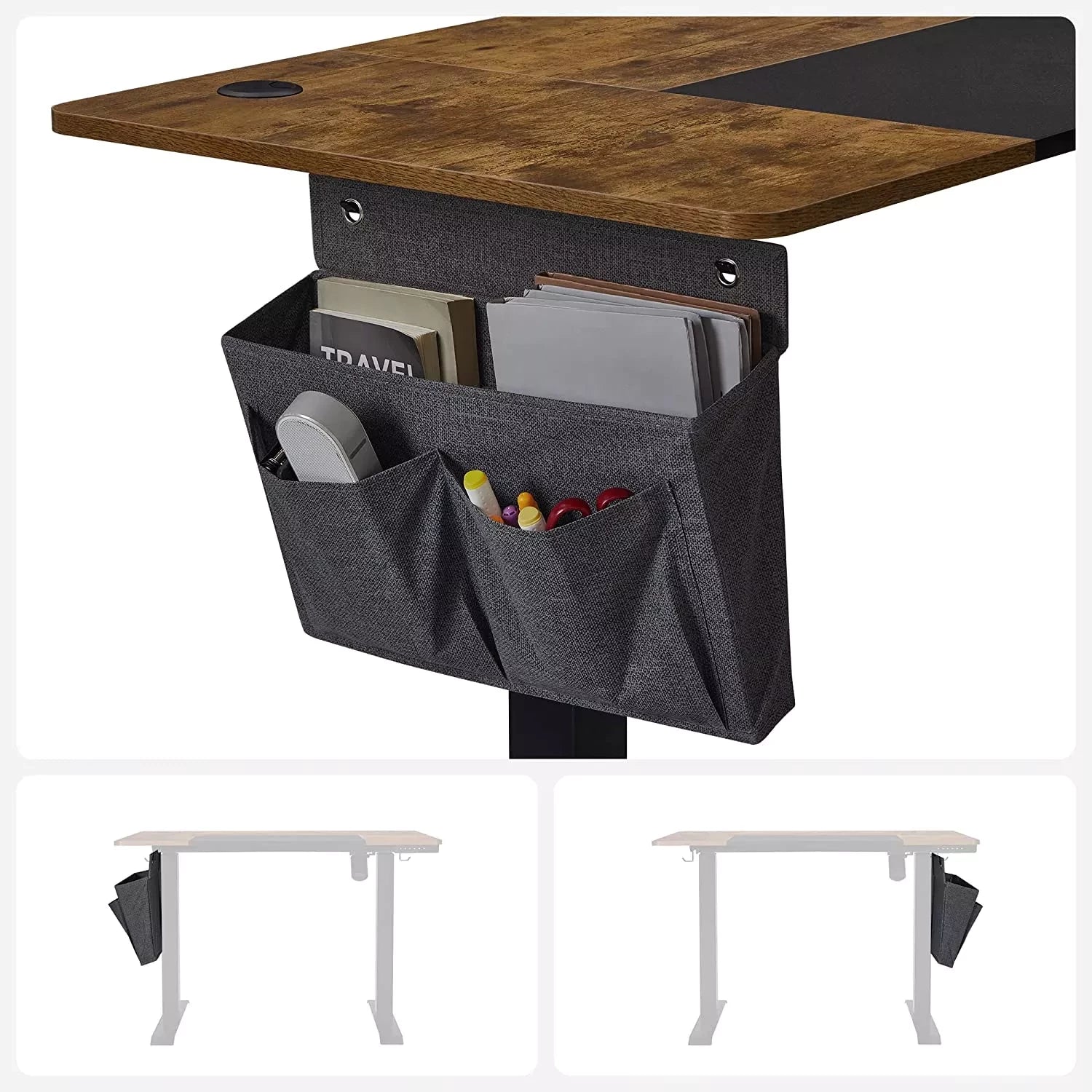 In And OutdoorMatch In Hoogte Verstelbaar Bureau Dorian - Elektrisch - Traploos Verstelbaar - Gedeeld Werkblad - 4 Opberghoogtes - Stoffen Tas - 120x60x(72-120)cm - Gemaakt van Staal - Vintage Bruin/Zwart Desk