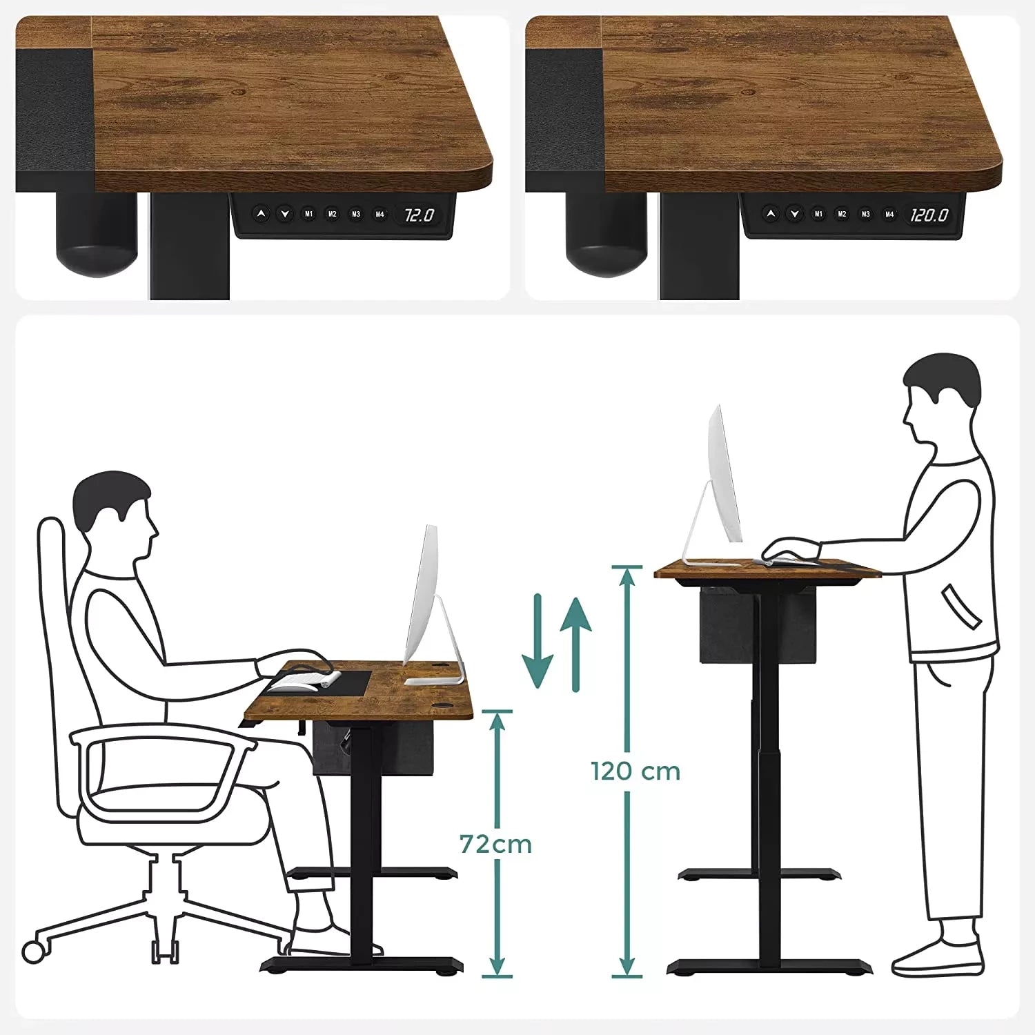 In And OutdoorMatch In Hoogte Verstelbaar Bureau Dorian - Elektrisch - Traploos Verstelbaar - Gedeeld Werkblad - 4 Opberghoogtes - Stoffen Tas - 120x60x(72-120)cm - Gemaakt van Staal - Vintage Bruin/Zwart Desk