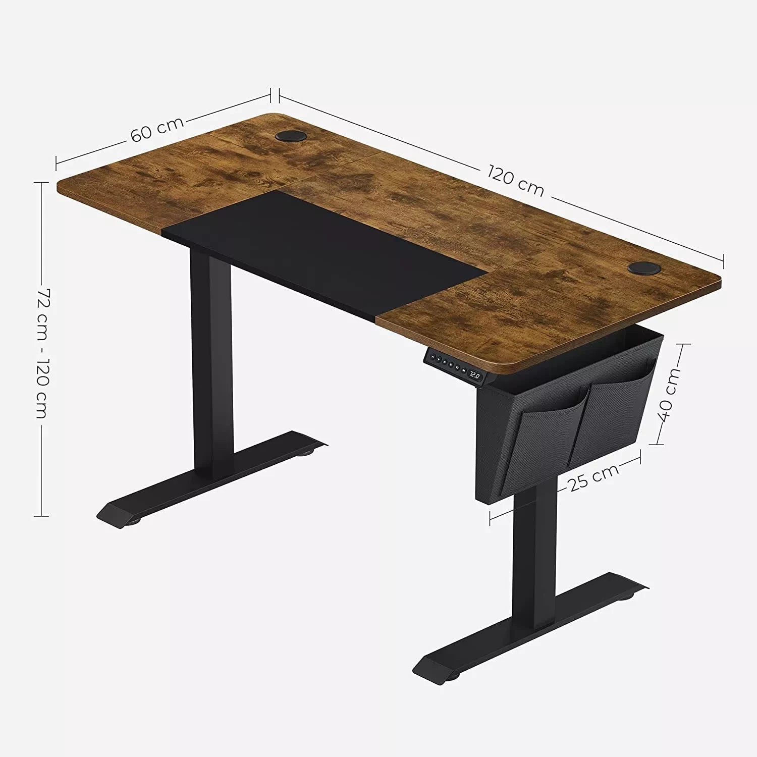 In And OutdoorMatch In Hoogte Verstelbaar Bureau Dorian - Elektrisch - Traploos Verstelbaar - Gedeeld Werkblad - 4 Opberghoogtes - Stoffen Tas - 120x60x(72-120)cm - Gemaakt van Staal - Vintage Bruin/Zwart Desk