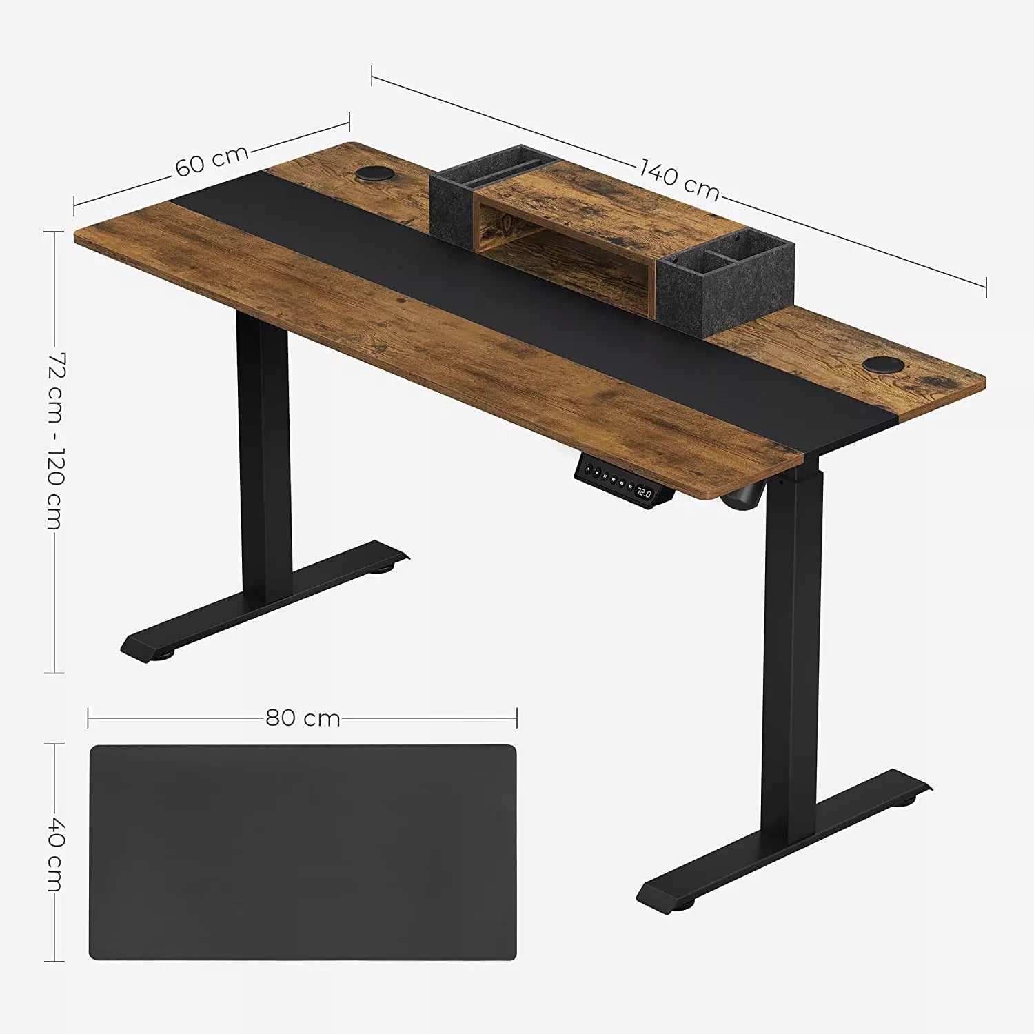 In And OutdoorMatch In Hoogte Verstelbaar Bureau Hailey - Elektrisch - Traploos Verstelbaar - Deelbaar Werkblad - 4 Opberghoogtes - Stoffen Tas - 120x60x(72-120)cm - Gemaakt van Staal - Vintage Bruin/Zwart Desk