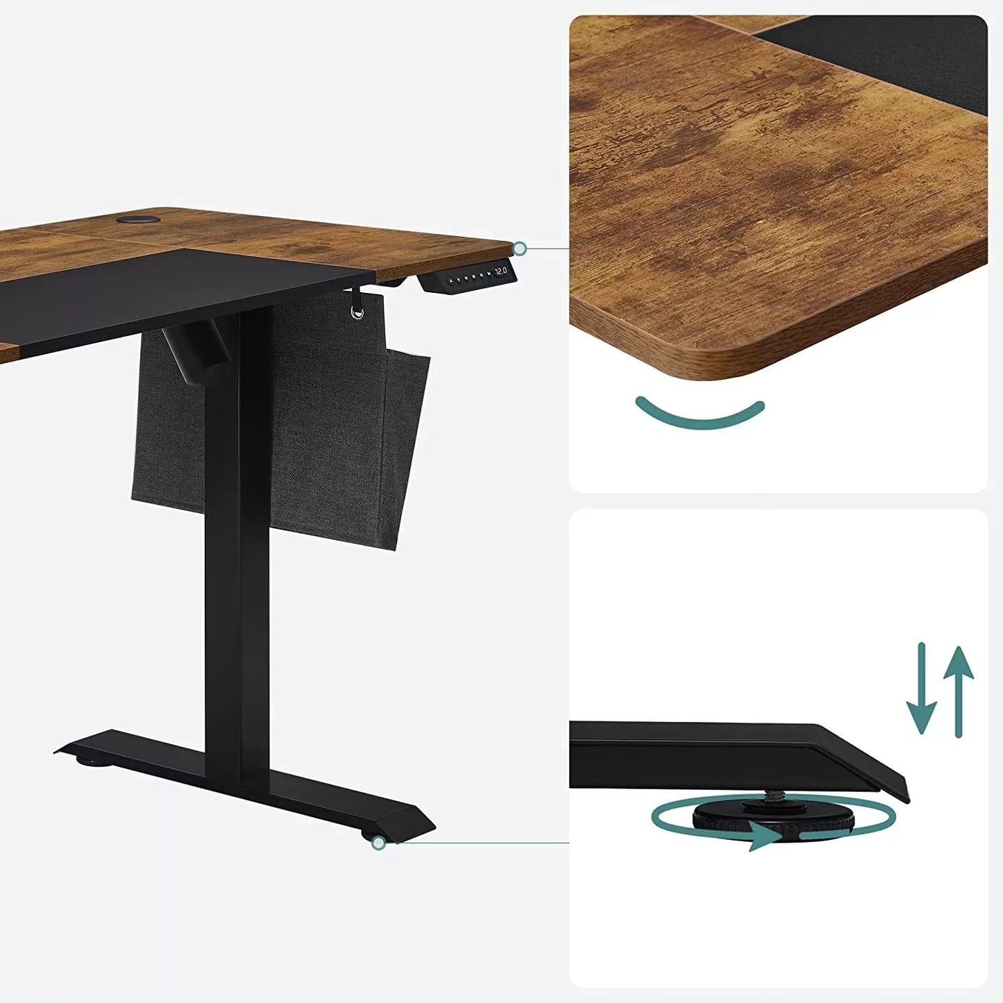 In And OutdoorMatch In Hoogte Verstelbaar Bureau Madelyn - Elektrisch - Traploos Verstelbaar - Deelbaar Werkblad - 4 Opberghoogtes - Stoffen Tas - 120x60x(72-120)cm - Gemaakt van Staal - Vintage Bruin/Zwart Desk